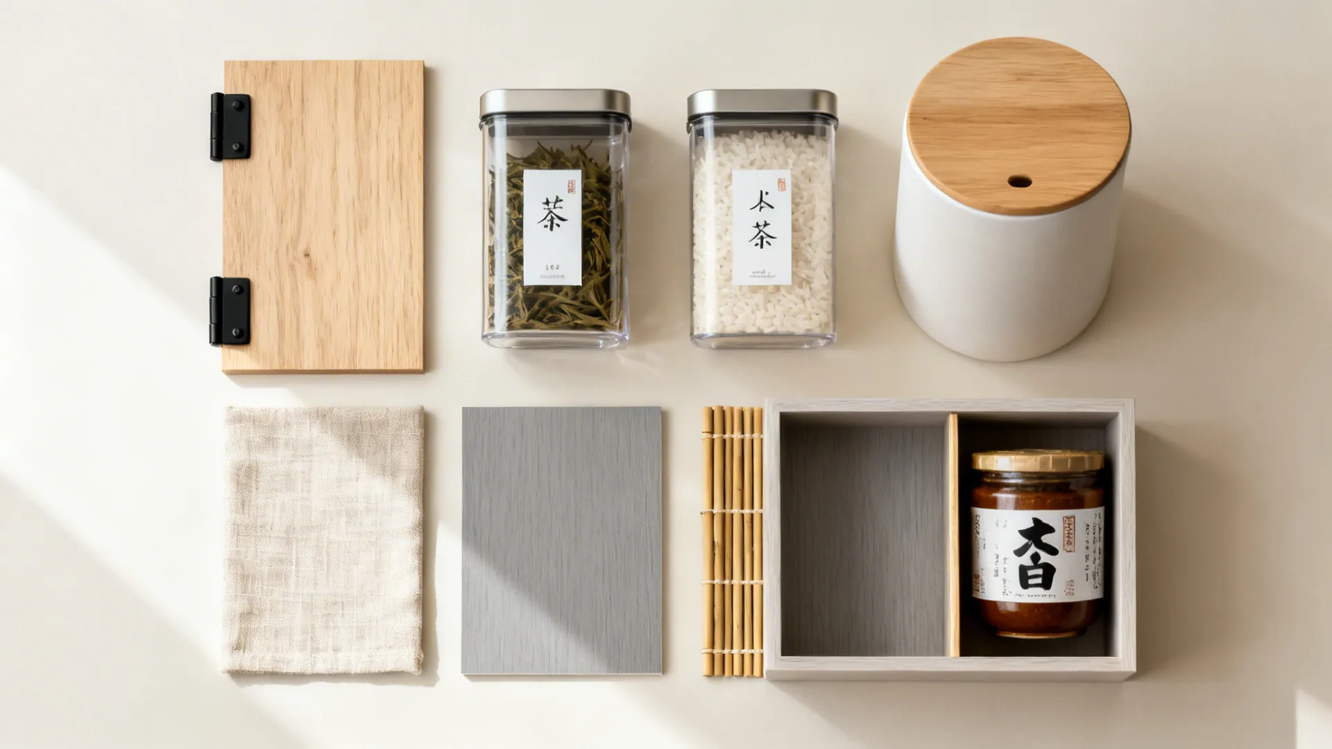 Flat lay of oak, black hardware, labeled tins, and bamboo dividers for minimalist storage.