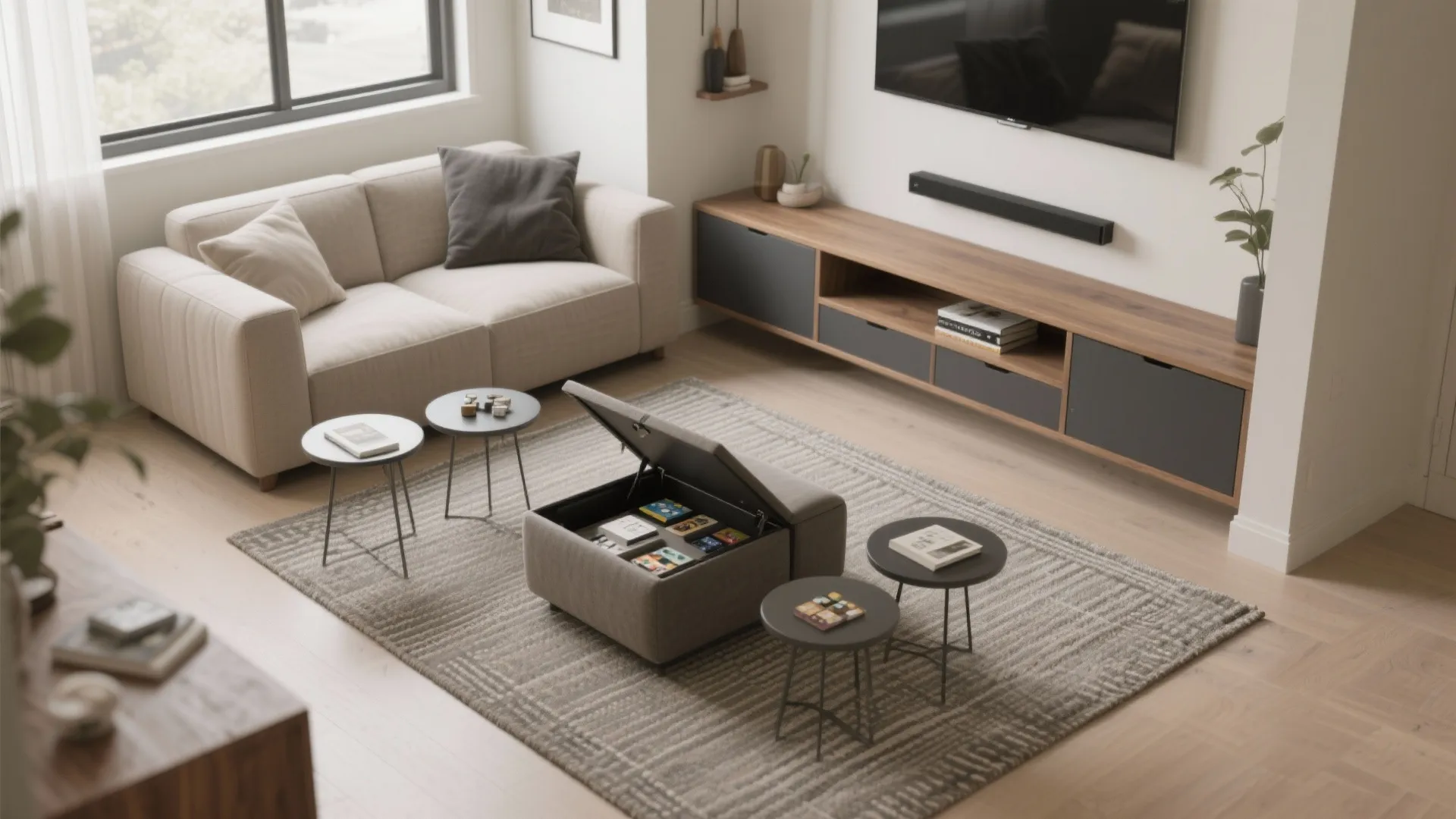 5) Smart Storage + Flex Pieces: Ottomans, Nests, and Built-Ins