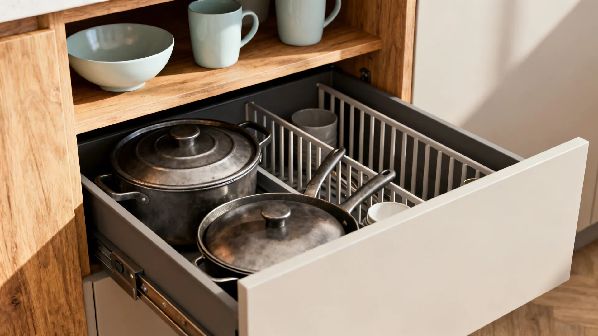 Open wooden kitchen drawer showing black cooking pots and pans with white bowls on shelf