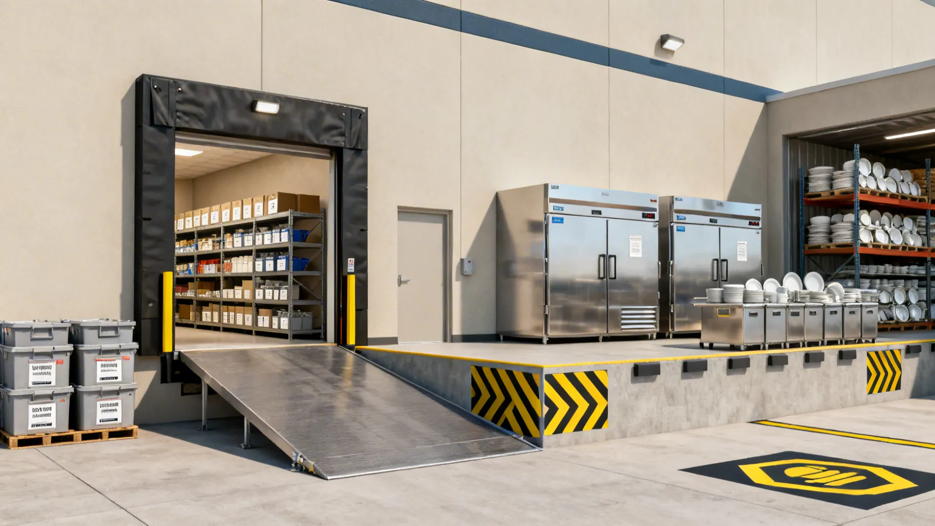 Loading dock with metal ramp storage room shelves boxes and two large stainless steel refrigerators