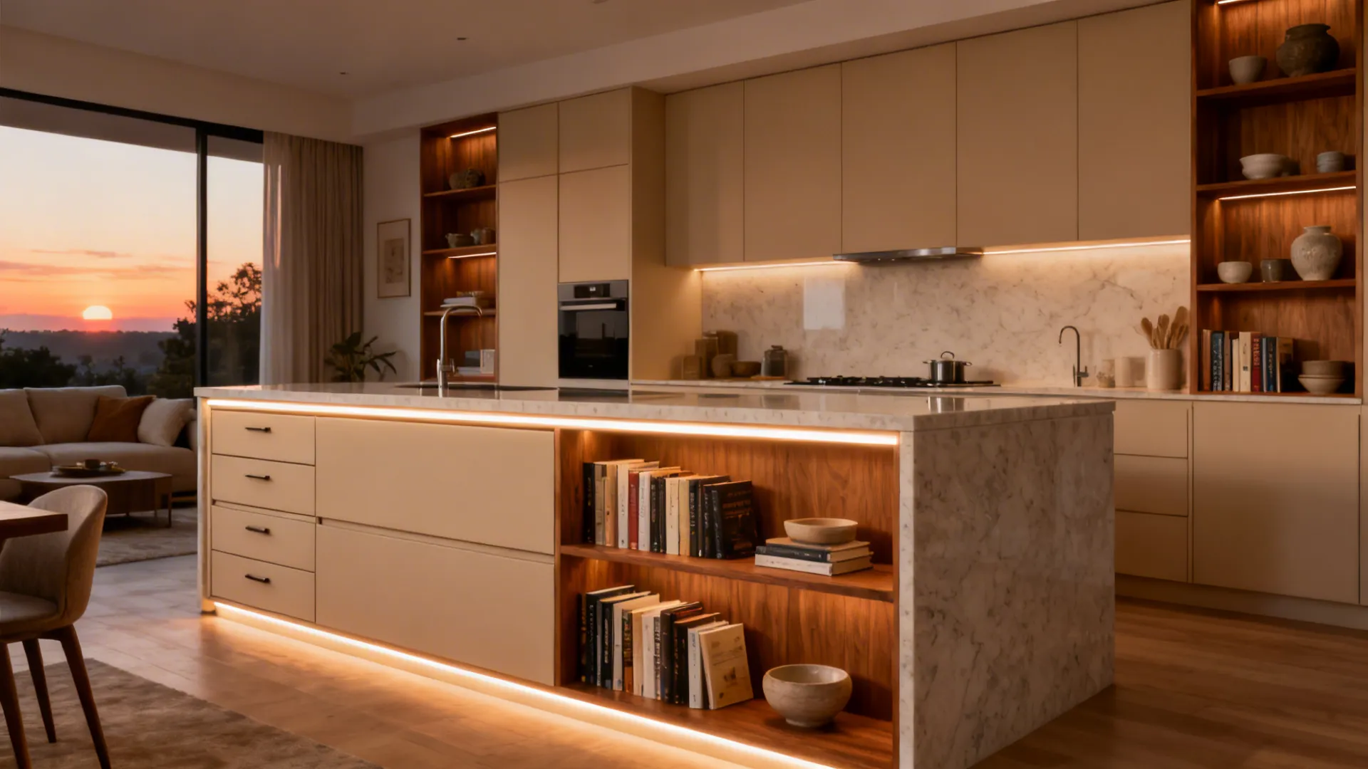 Island with closed drawers and open oak shelves forms a purposeful room divider.