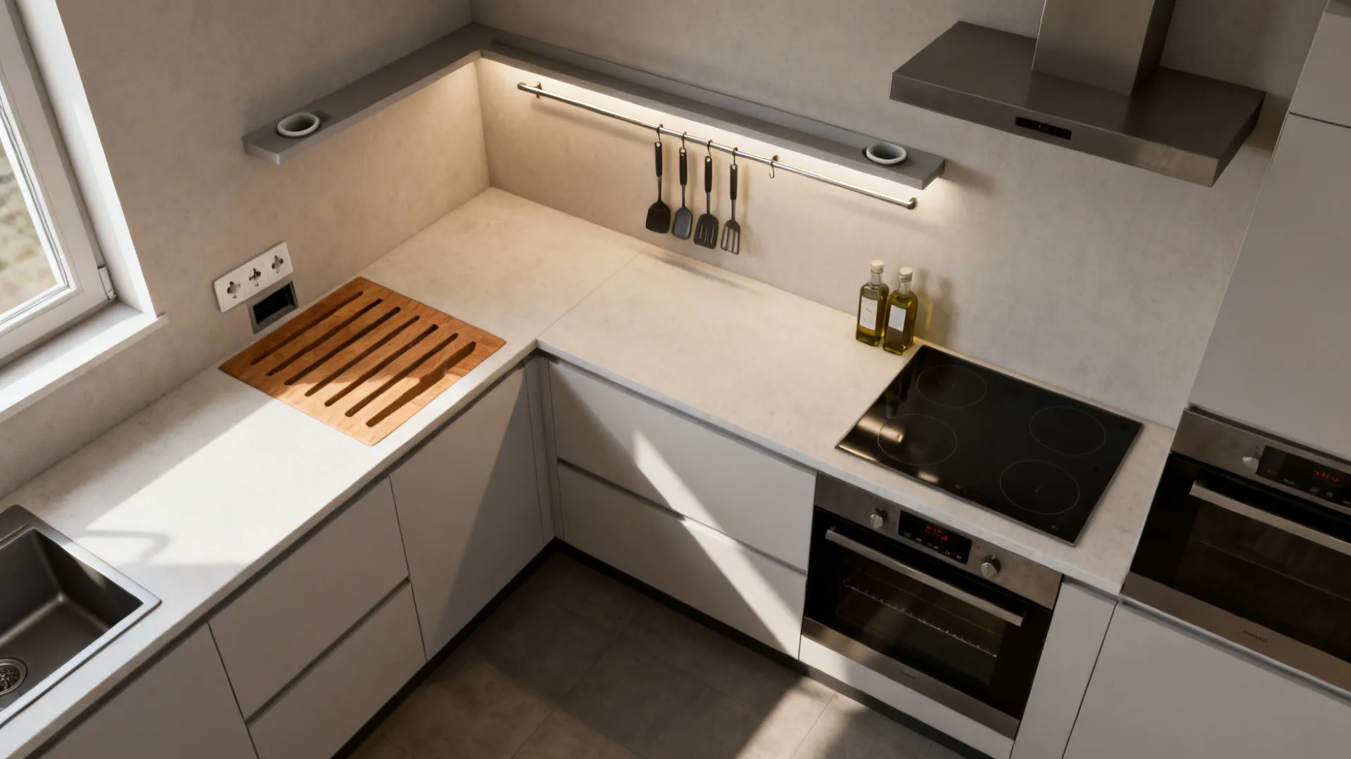 Top-down view of a kitchen platform with knife slots, pop-up power, recessed rail, and a slim oil shelf.