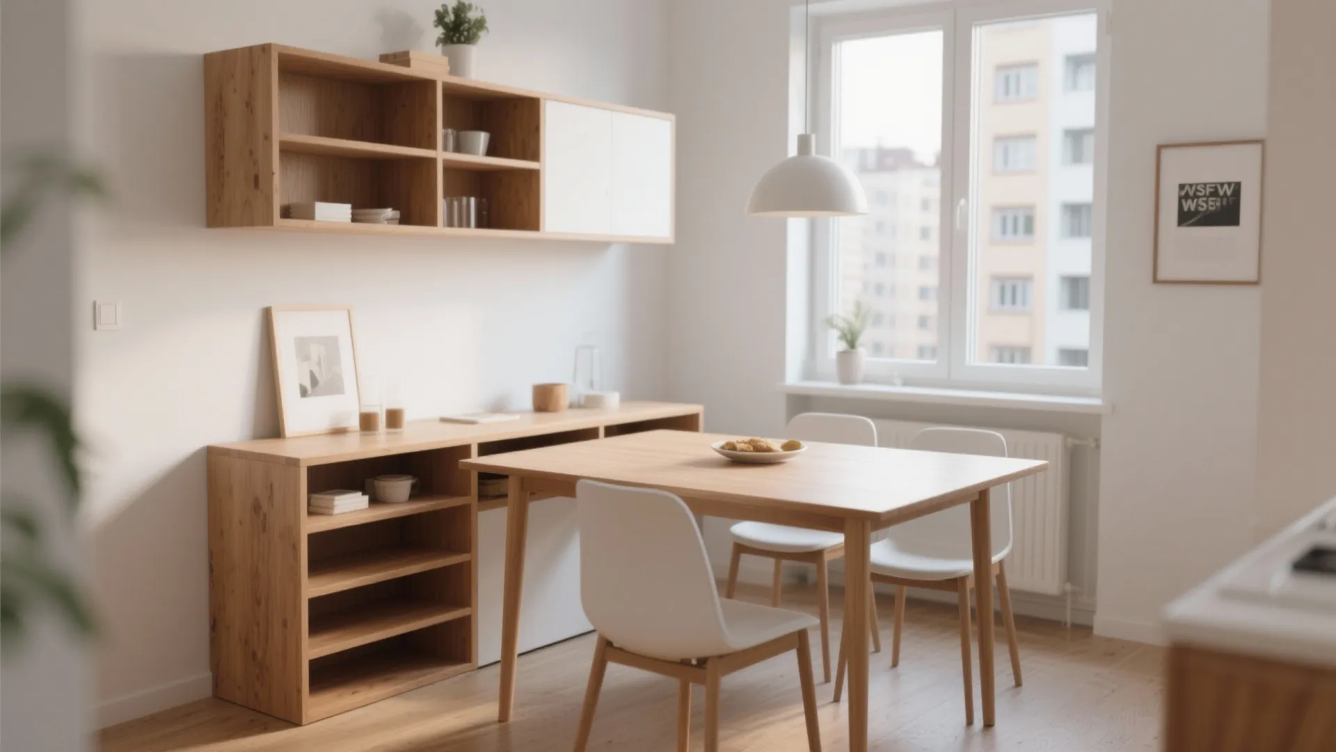 Dining table with built-in storage in small apartment