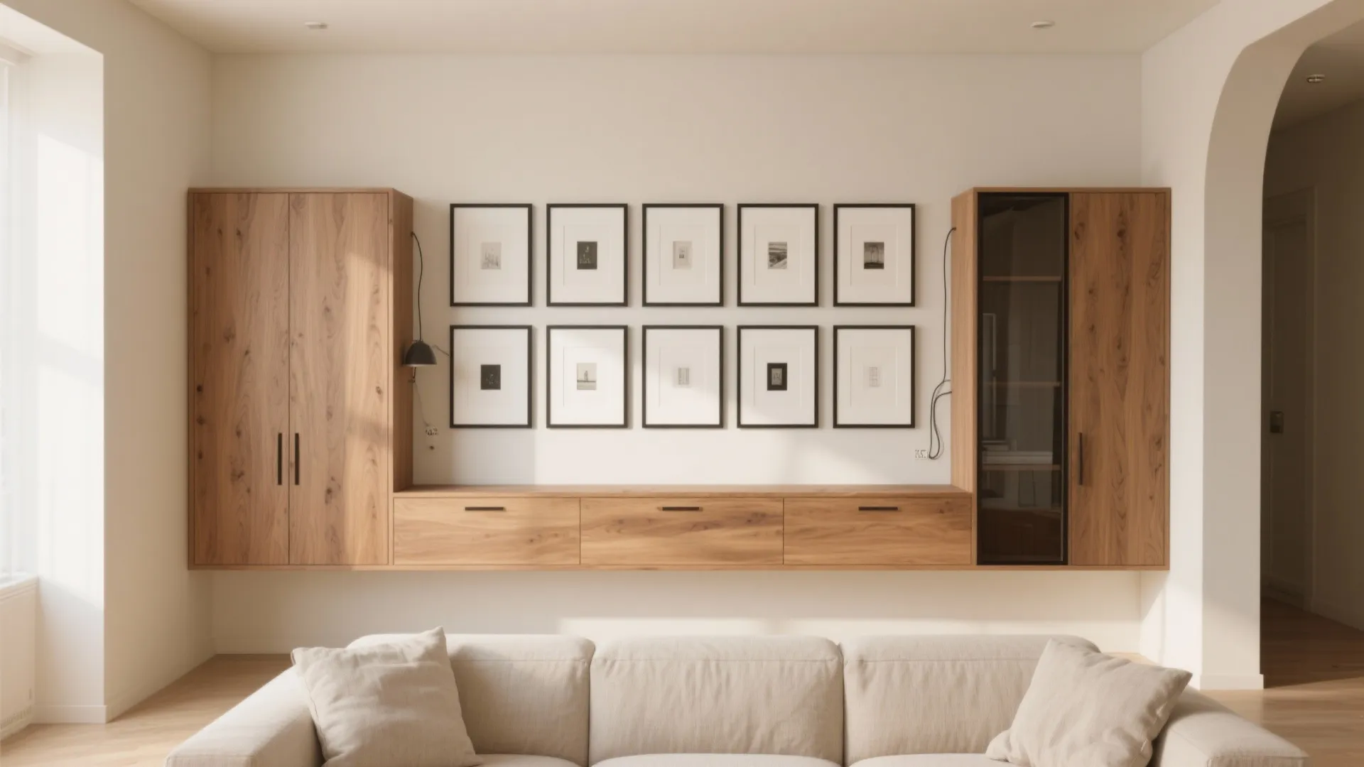Modern living room wall with wood storage cabinets and ten black picture frames above sofa