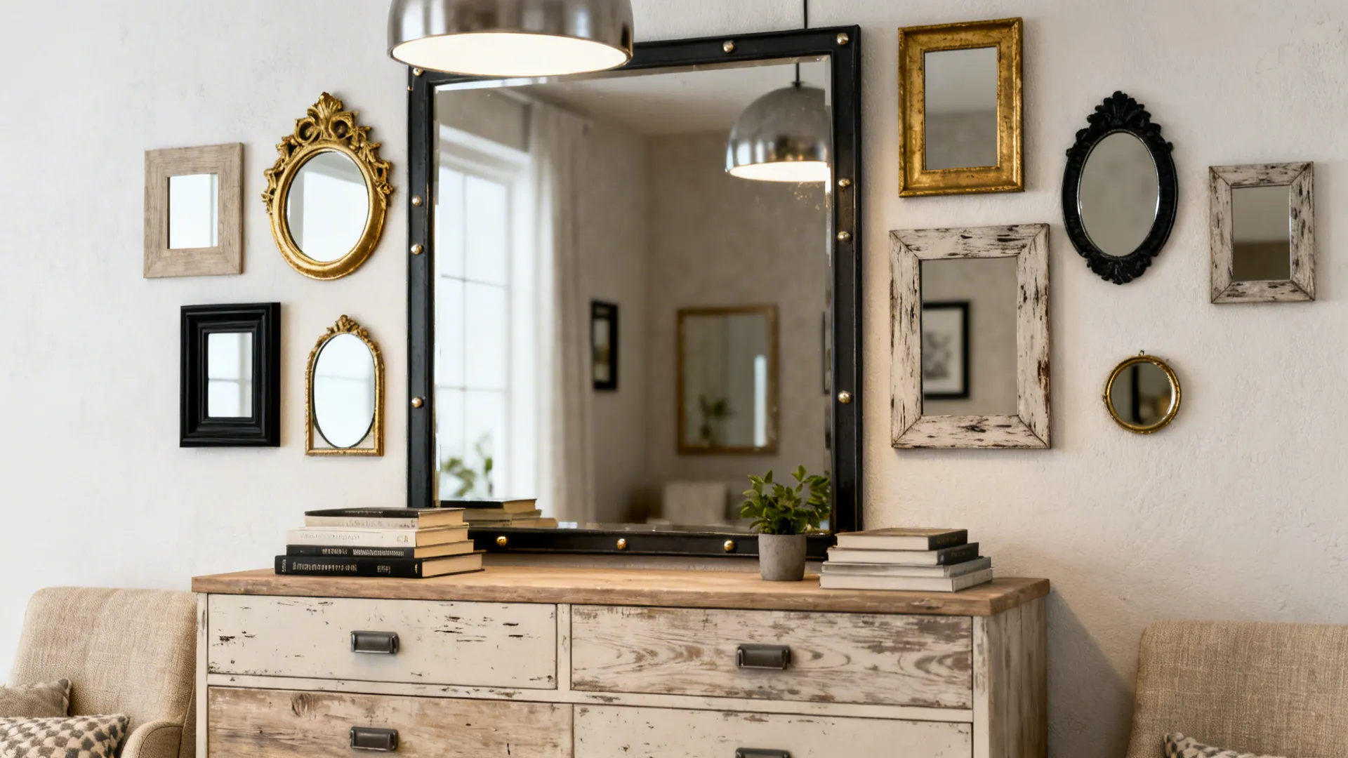 Low storage dresser with an eclectic gallery of small mirrors and balanced decor.