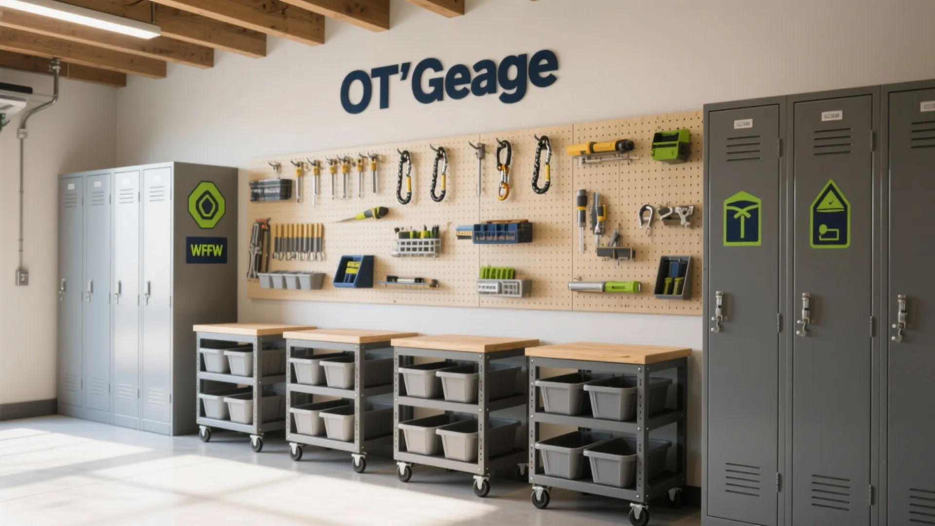 Organized garage workshop with pegboard tool storage grey metal lockers and rolling workbenches with bins