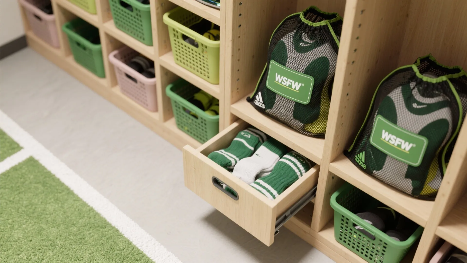 Wooden cabinet with green baskets and a drawer filled with socks in a sports locker room