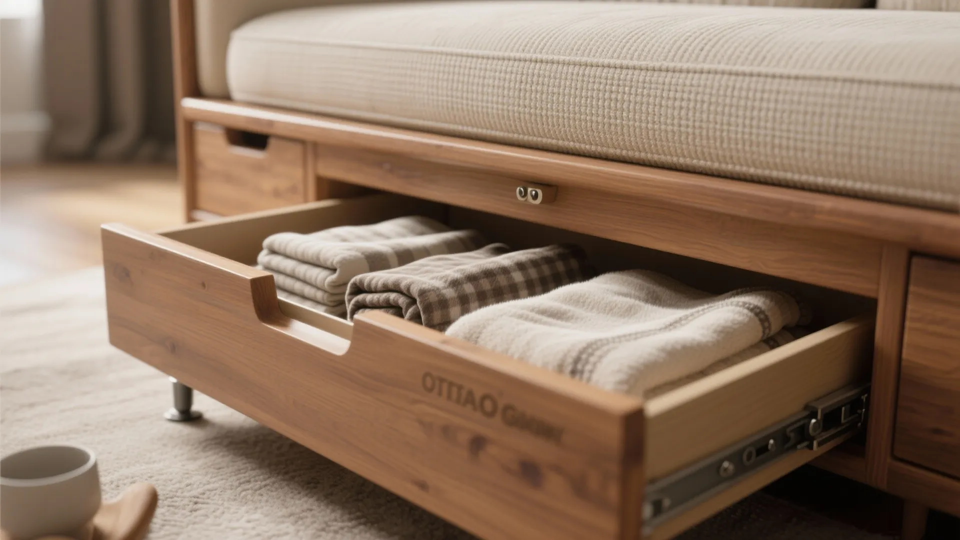 Wooden furniture base with an open drawer showing neatly folded blankets and soft fabric materials