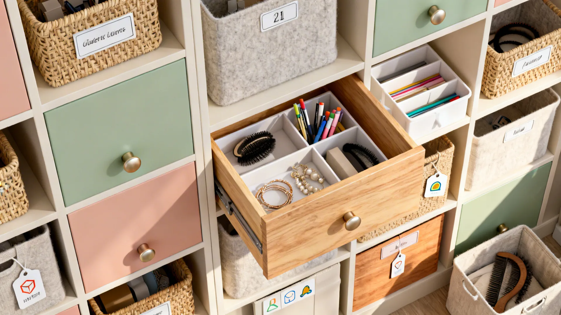 Flat lay of color-coded cubbies, labeled baskets, and drawer organizers for kids’ rooms.