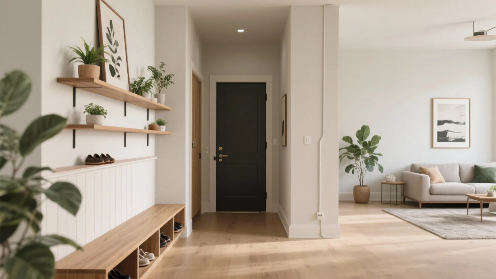 Entryway with wooden shoe bench wall shelves with plants and view into modern living room