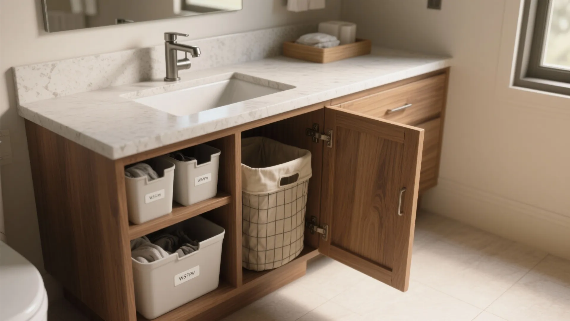 Wooden bathroom cabinet with open door showing white storage bins and a large laundry basket