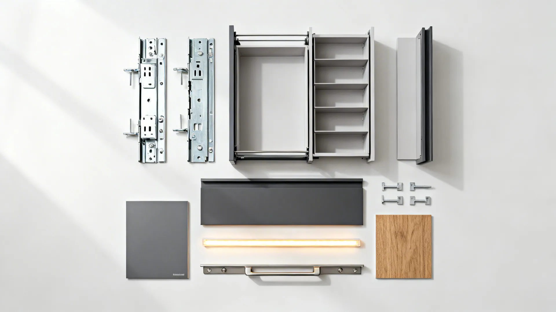 Top-down flat lay of drawer glides, dividers, pantry hardware, veneer and matte finish samples, and LED strip.