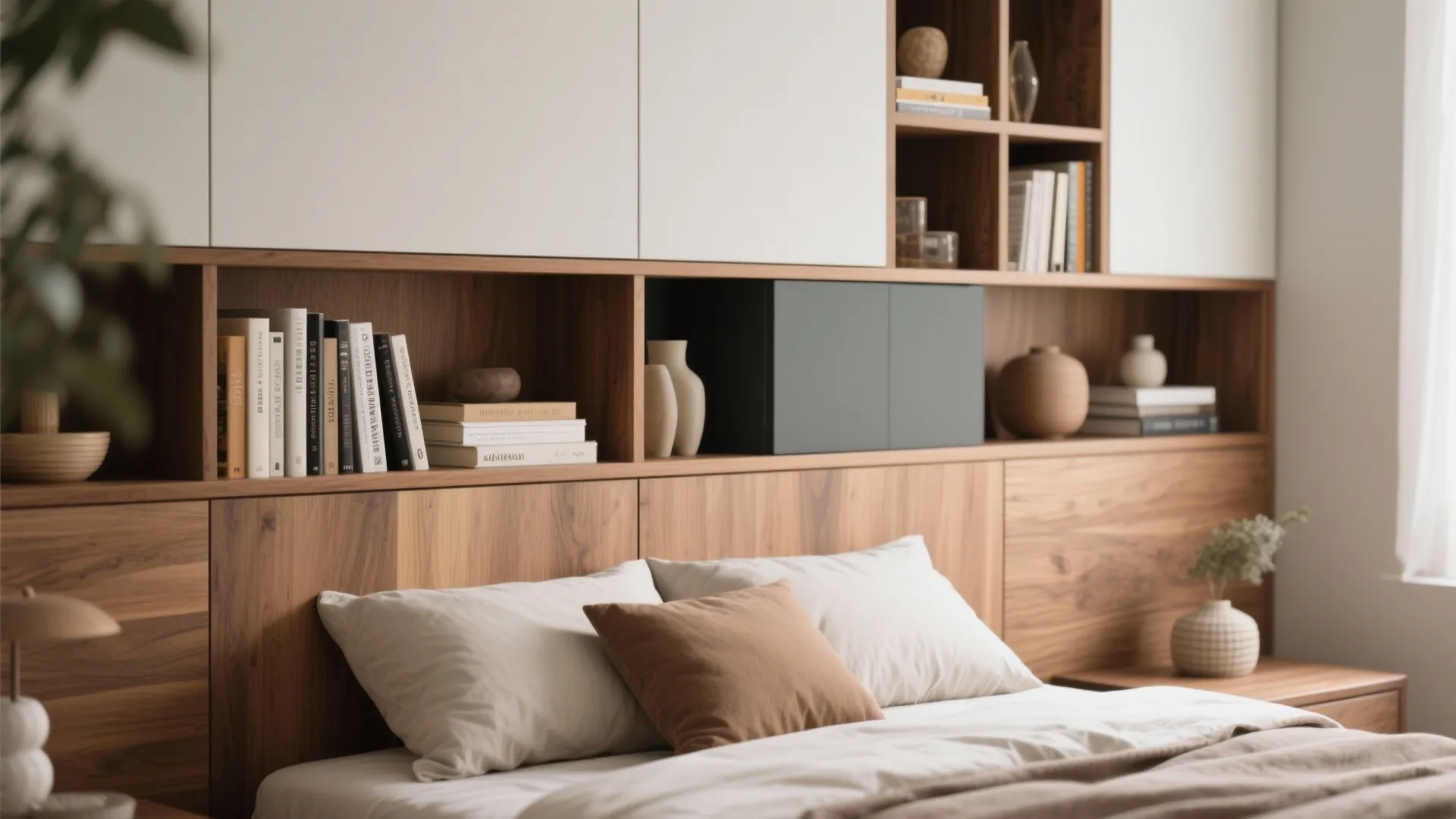 Modern bed with wooden wall cabinet headboard storage holding books vases and white soft pillows