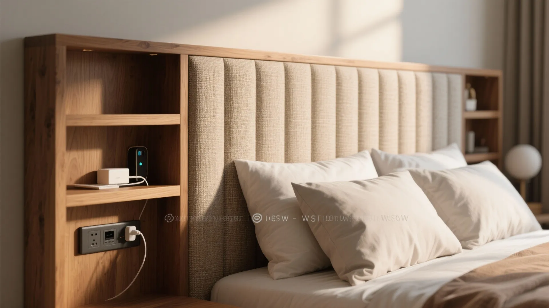 Modern wooden bed headboard with built in storage shelves power outlets soft pillows and warm light
