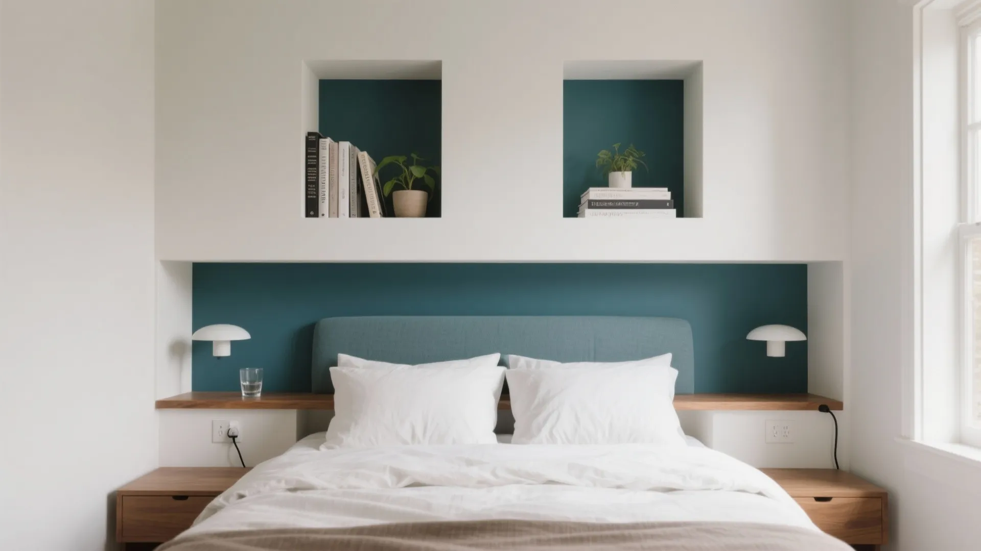 Modern bedroom with a storage headboard featuring white built-in shelves above a blue wall panel