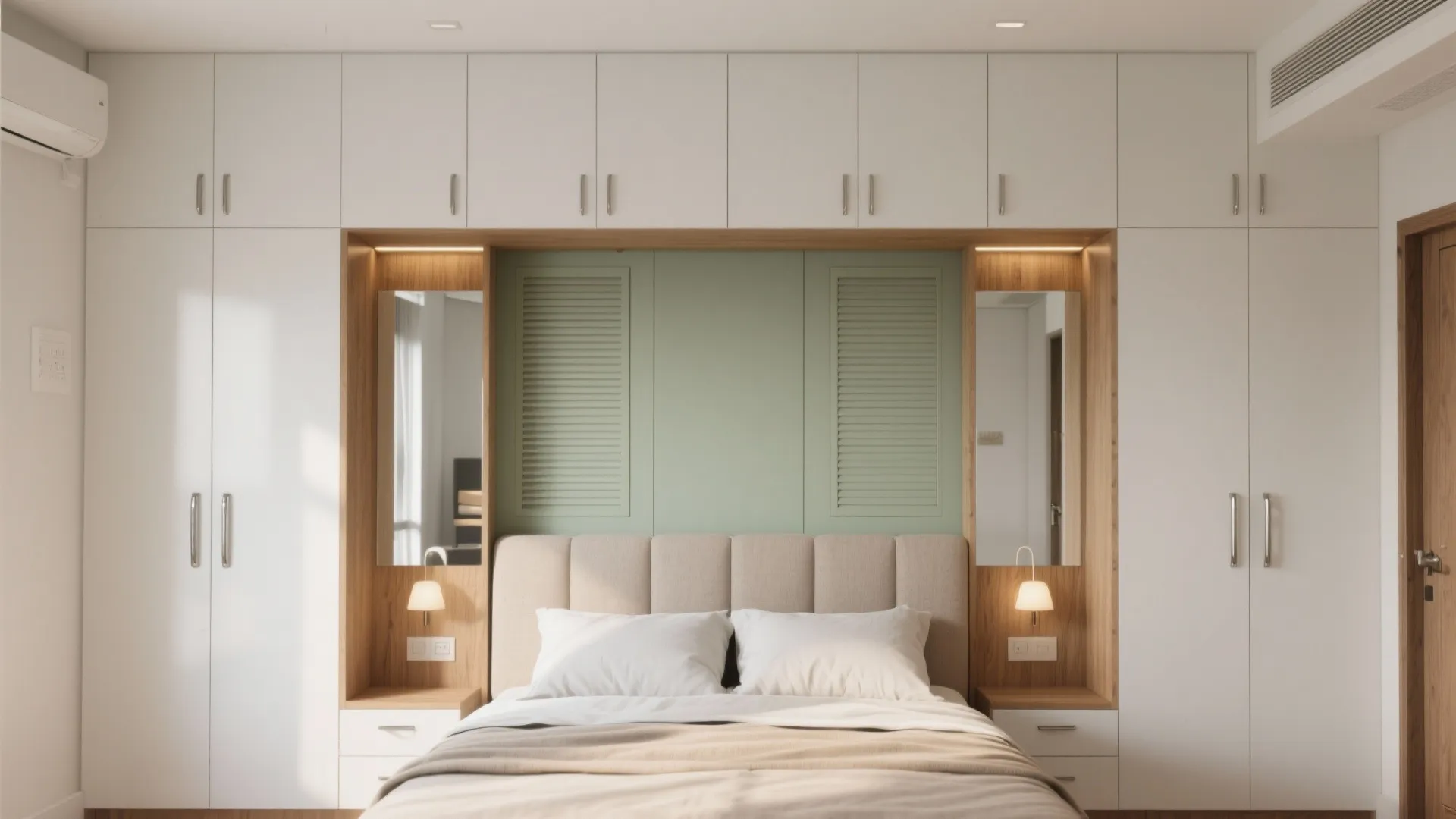 2) A built-in storage wall that doubles as a headboard