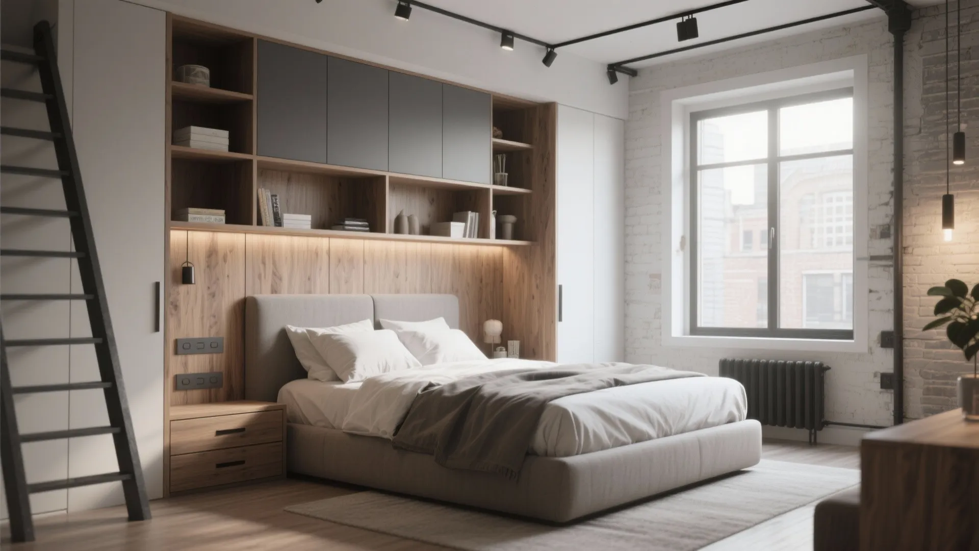 Industrial bedroom featuring built in wooden cabinet storage above bed with black track light fixtures