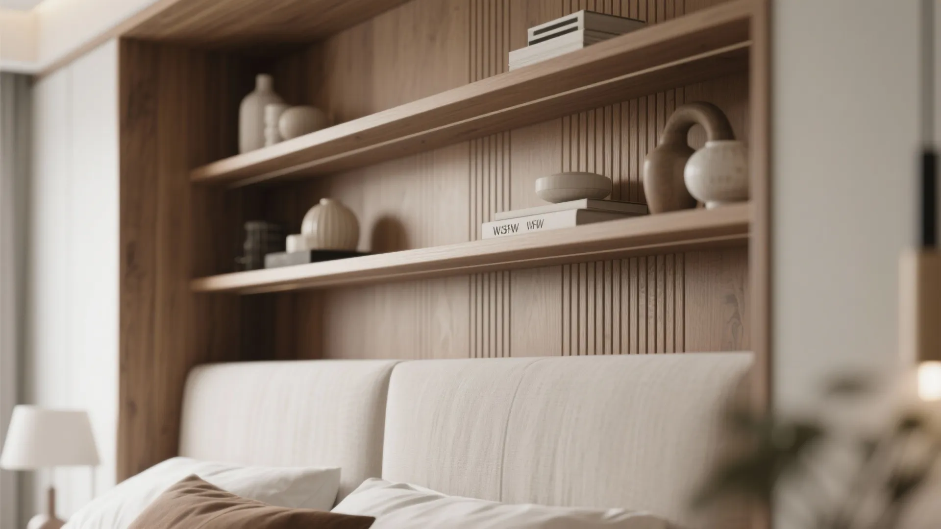 White fabric headboard with built in wooden wall shelves holding books and small ceramic vases