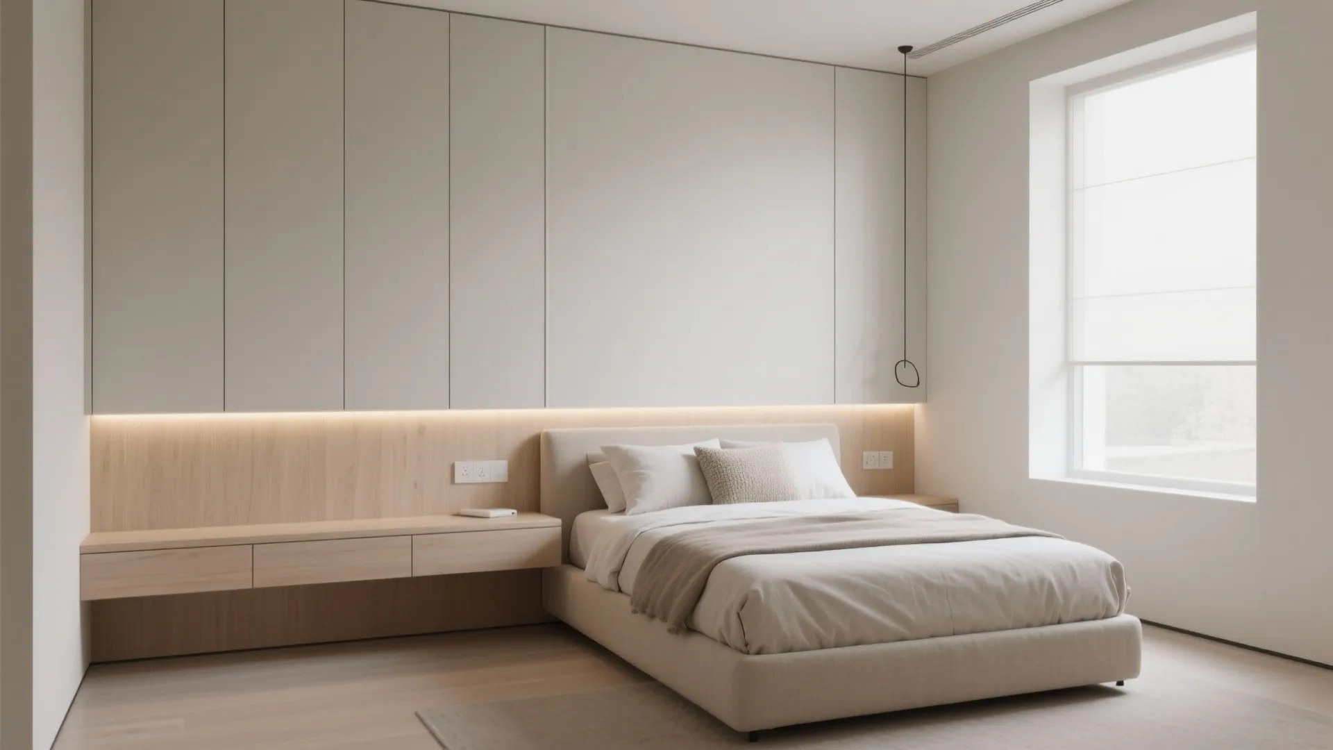 Minimalist storage wall behind the headboard