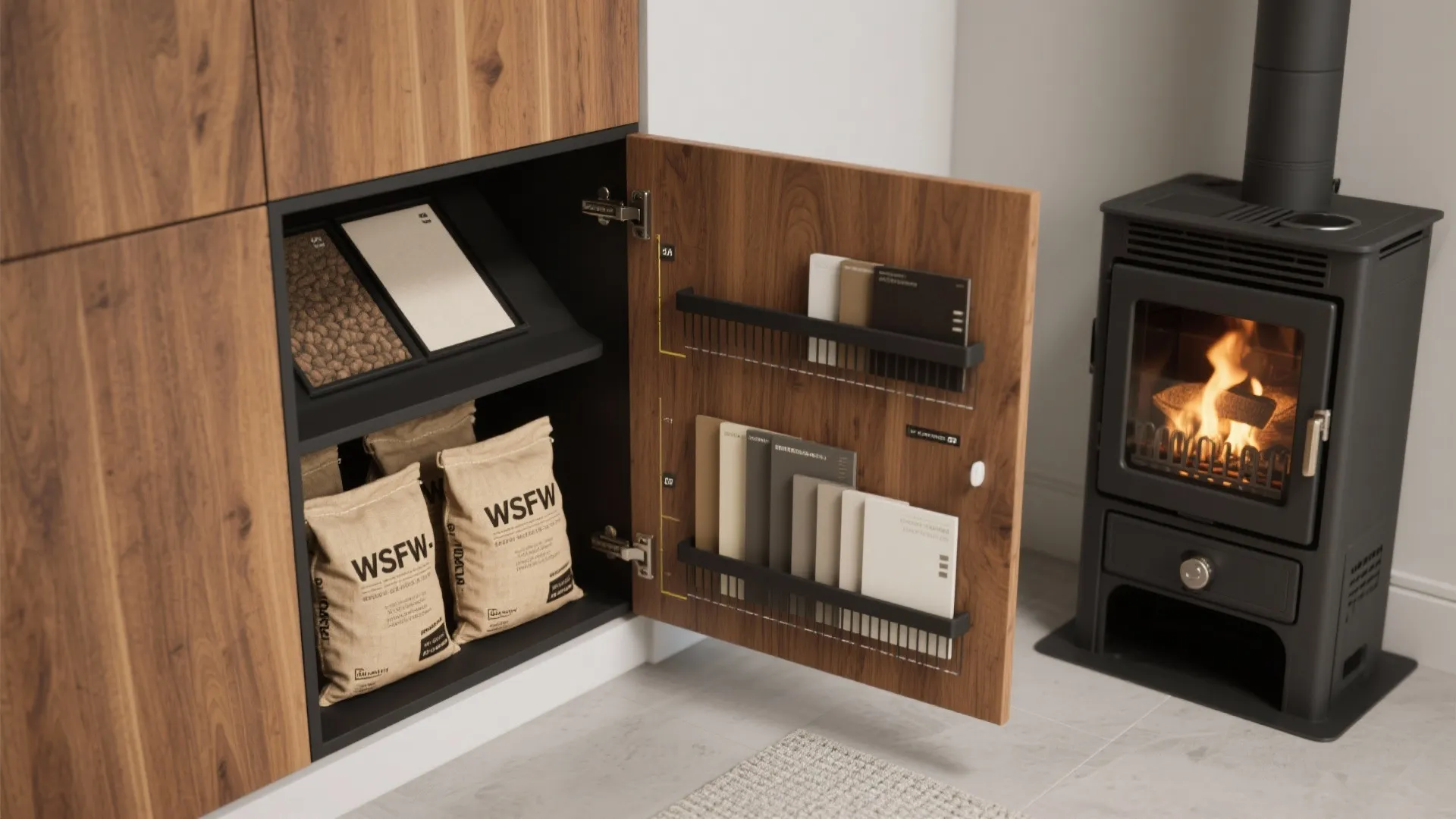 Open wooden cabinet showing storage shelves and bags next to a burning black stove heater