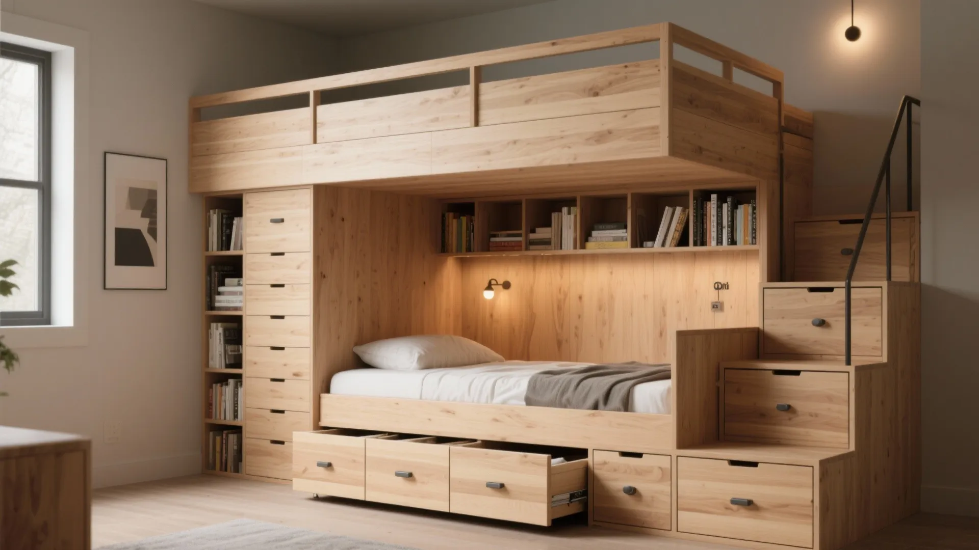 2. Storage-Heavy Loft with Drawers and Shelves