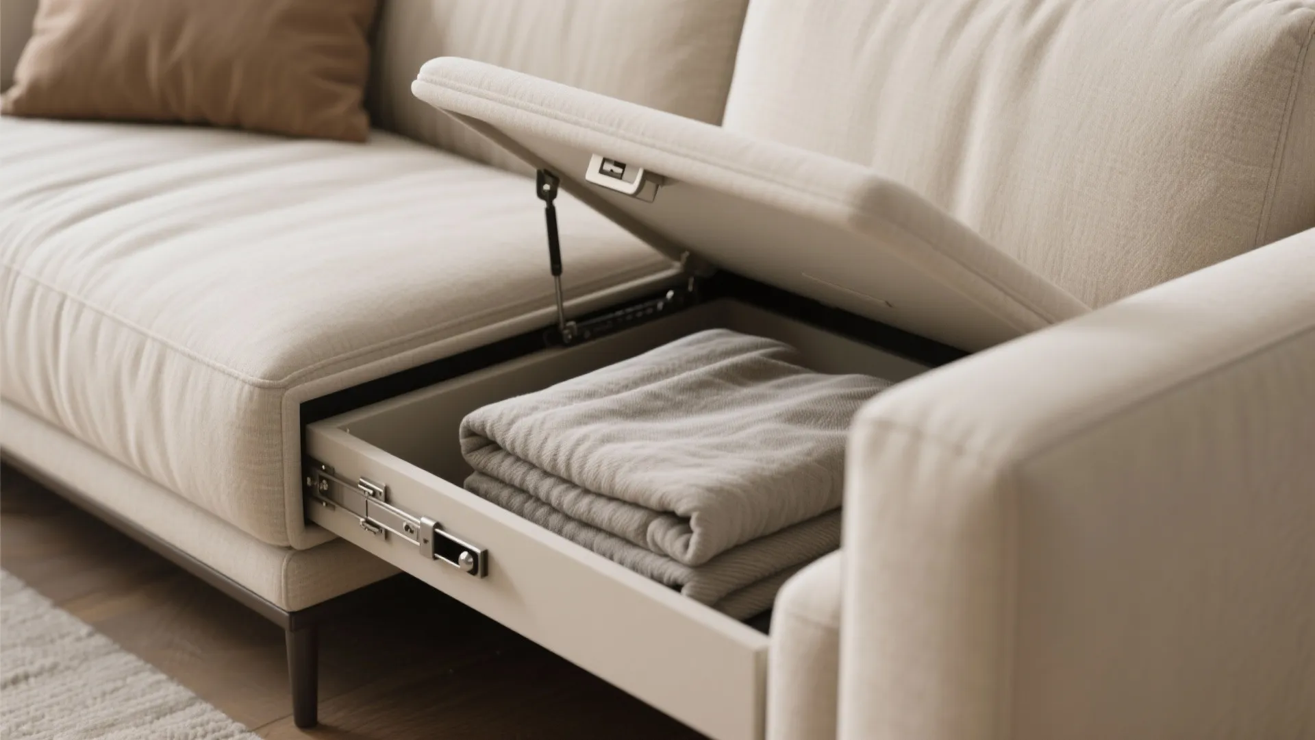 Close up view of a beige sofa with built in storage drawer containing folded blankets