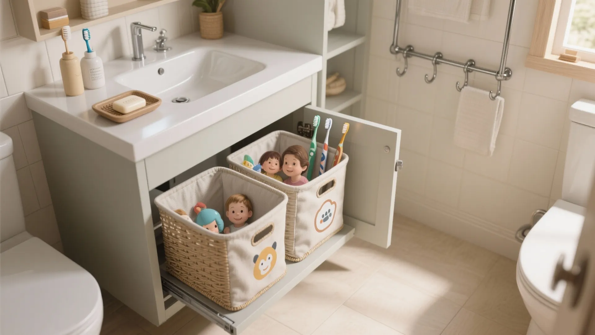Bathroom sink area with open drawer containing two storage baskets for toys and colorful toothbrushes