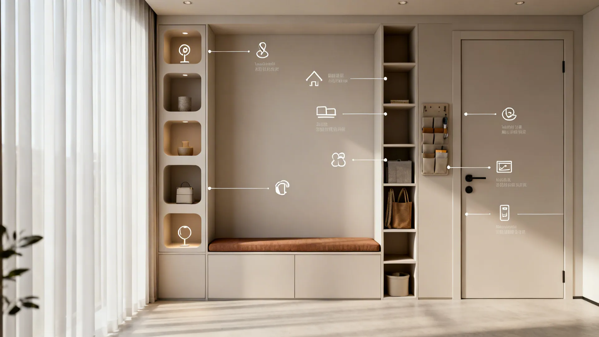 Annotated top-down view of a small studio highlighting key storage solutions.