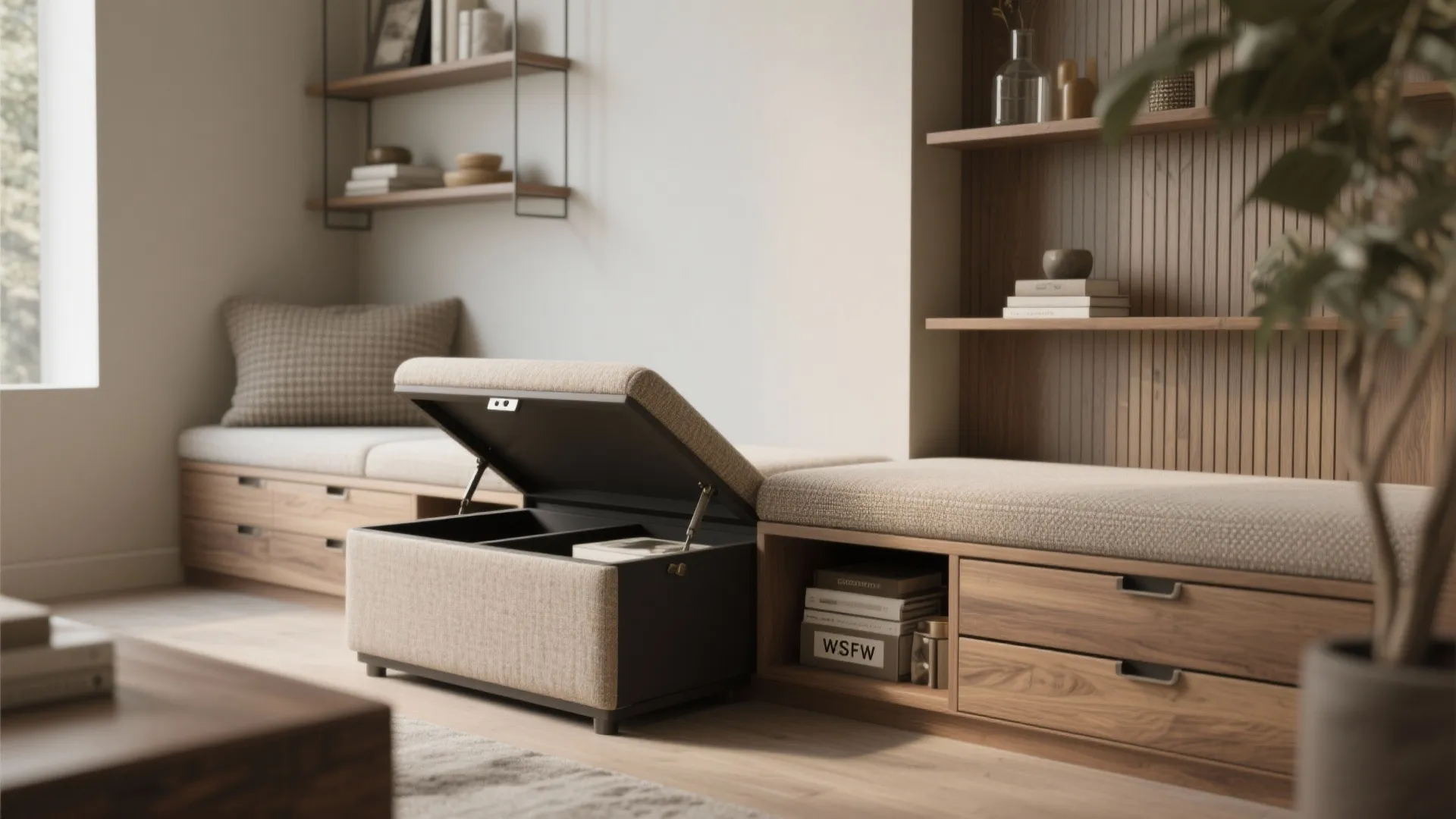 Modern wooden cabinet with built-in seating and storage box showing practical room layout design interior