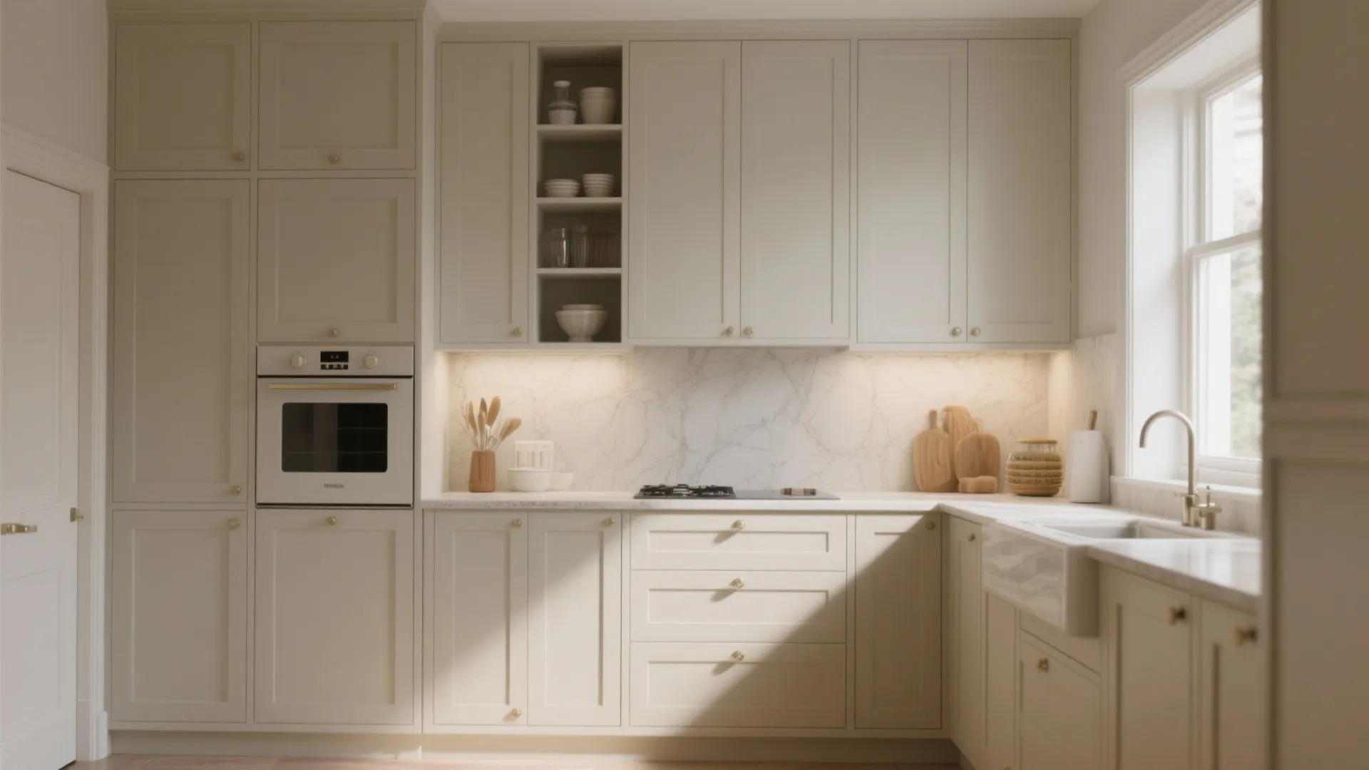 Cream kitchen with storage cabinet marble wall white oven sink window and warm light fixture