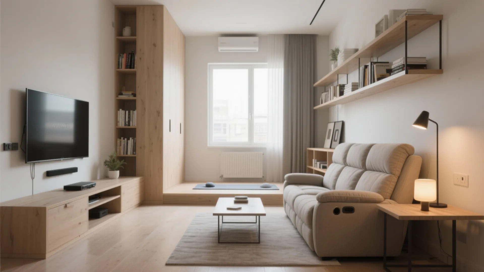 Compact studio showing a power recliner integrated with floating shelves, a slim console and low media cabinet for multifunction storage.
