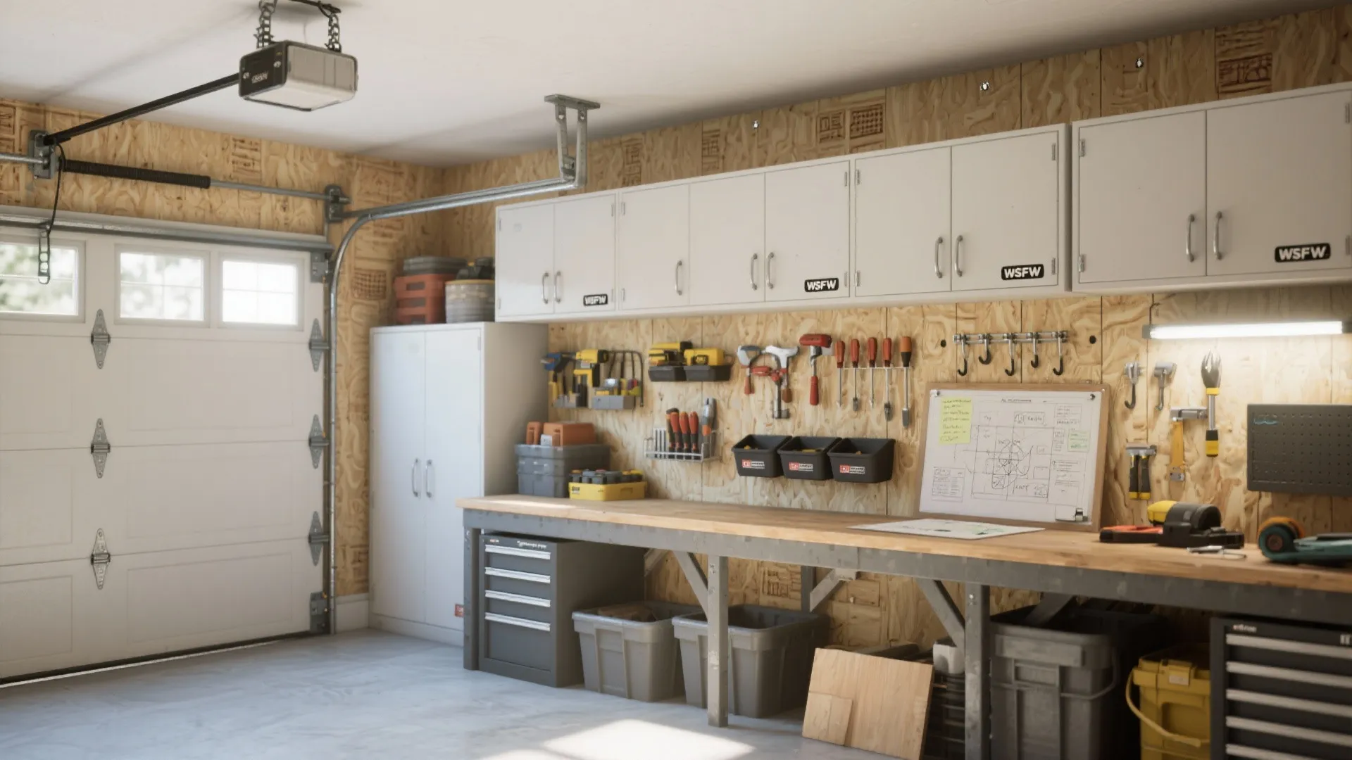 Garage storage room with white wall cabinets long wooden workbench organized tools and white door