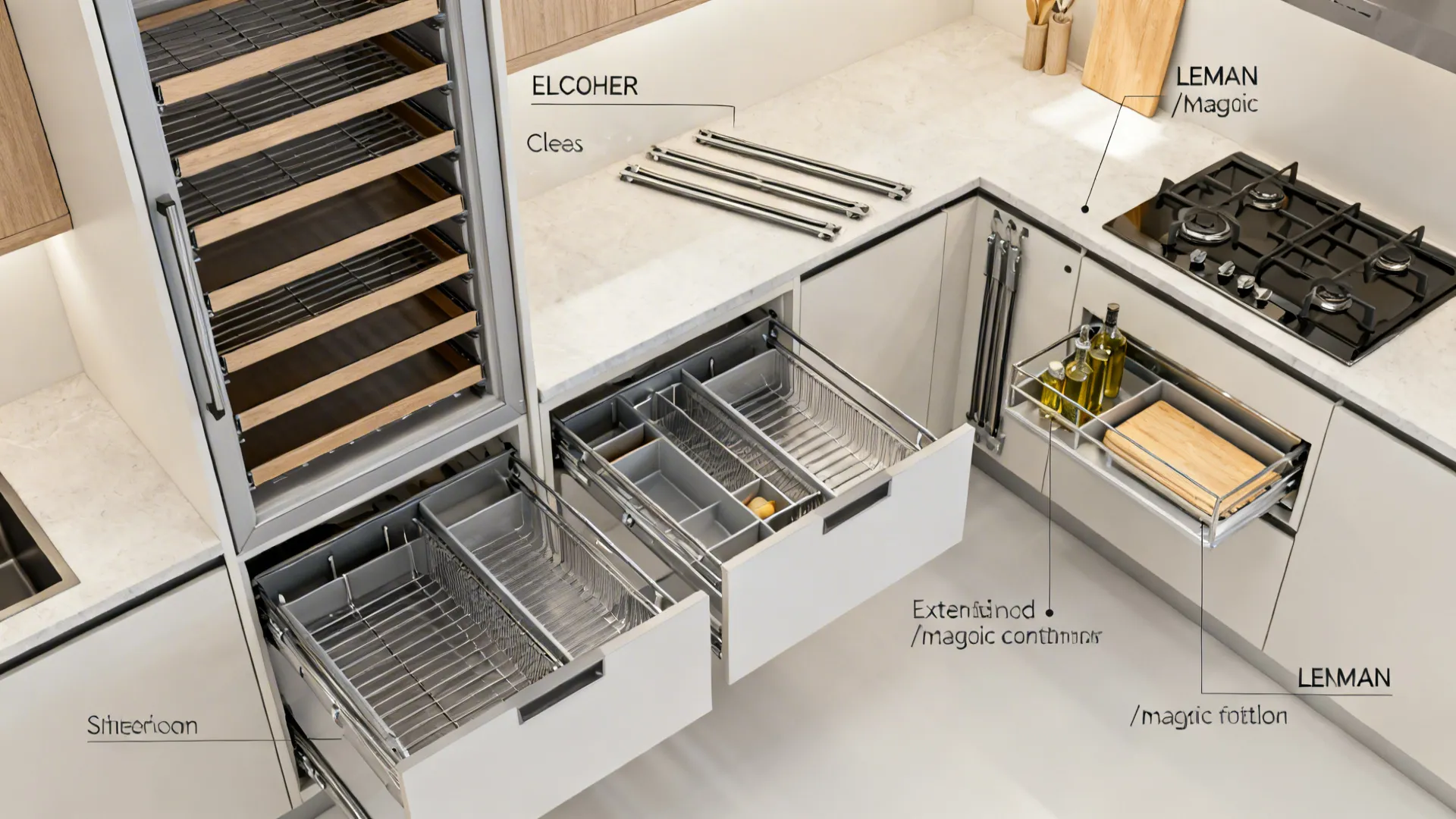High-capacity internals: pull-outs, corners, and verticals