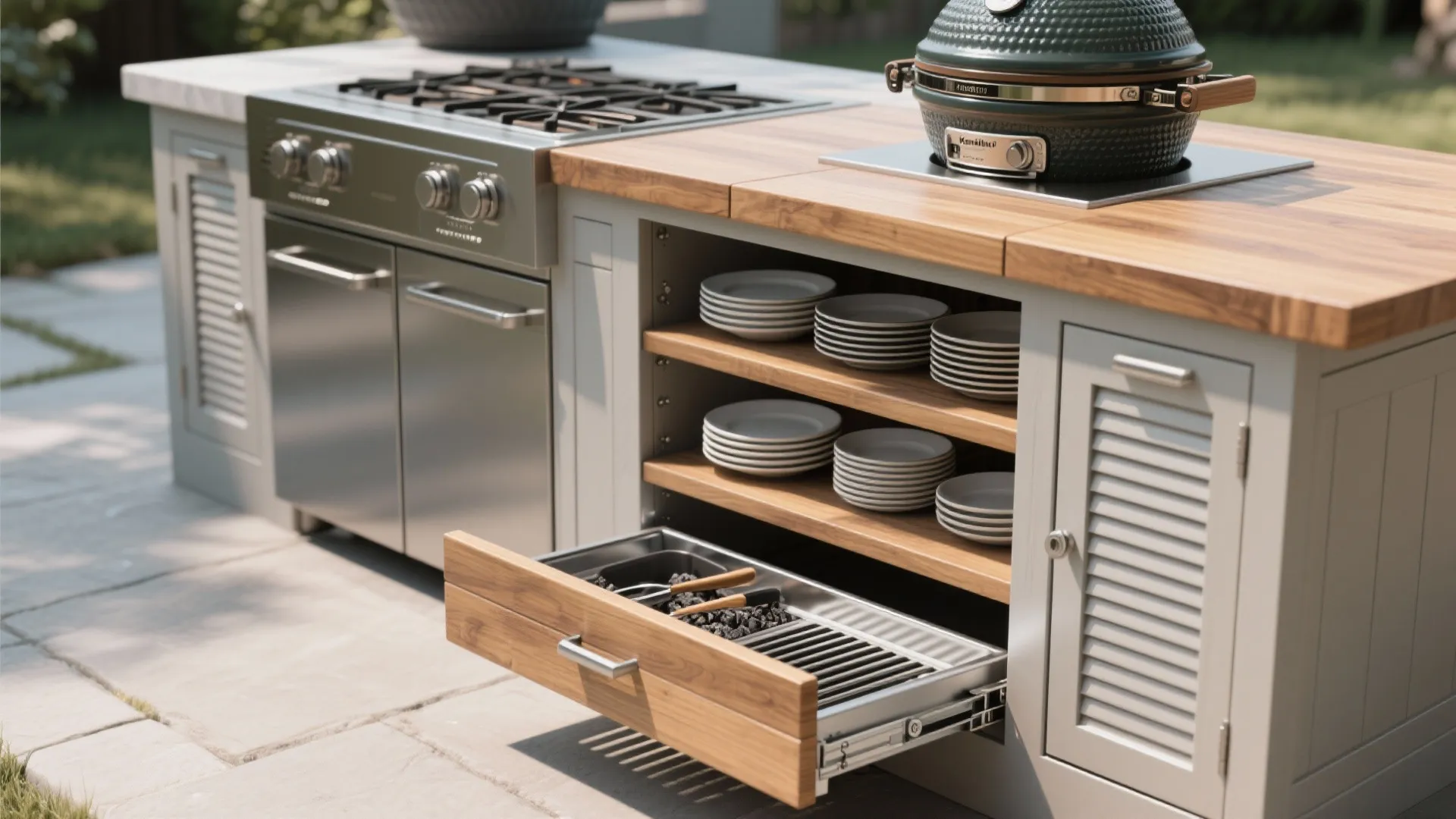 2) Built-in storage island with pull-out ash bin