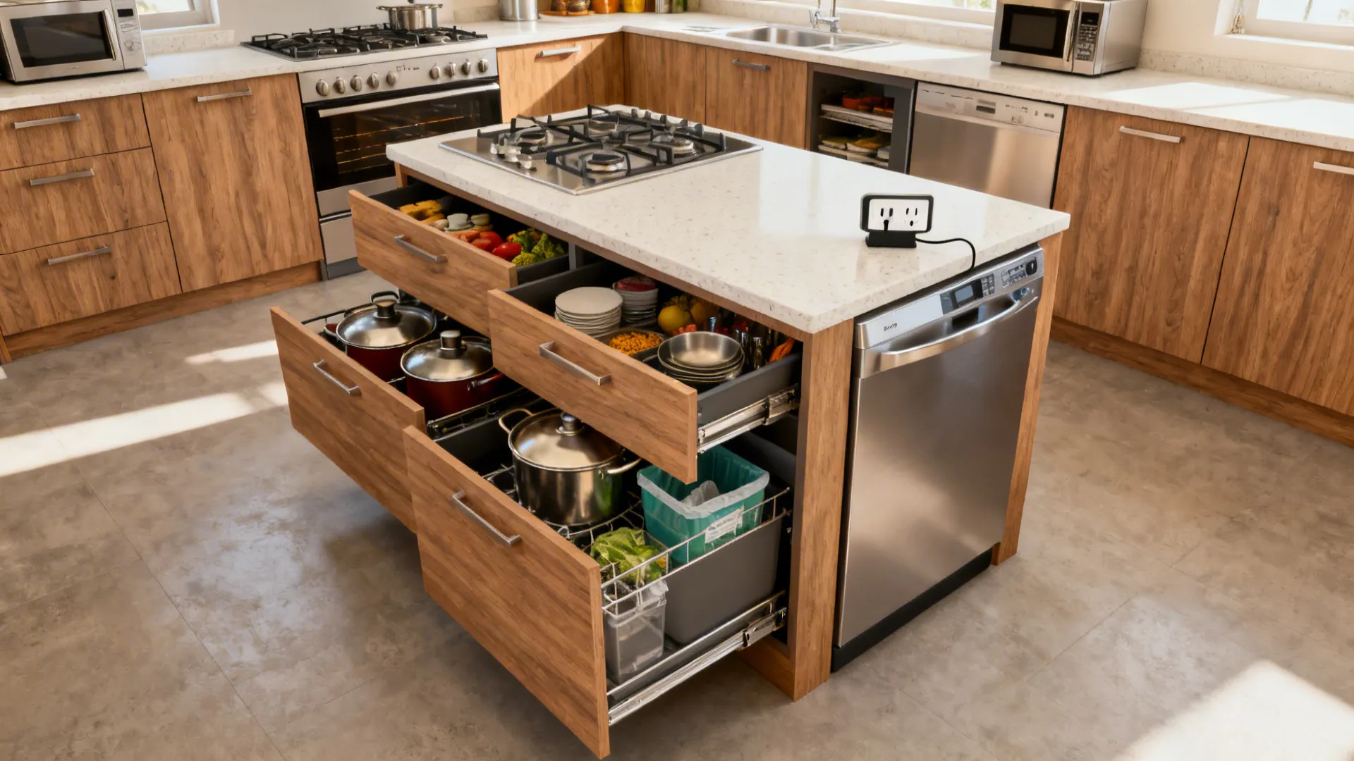Kitchen island with open drawers showing storage for pots pans plates and a built in dishwasher