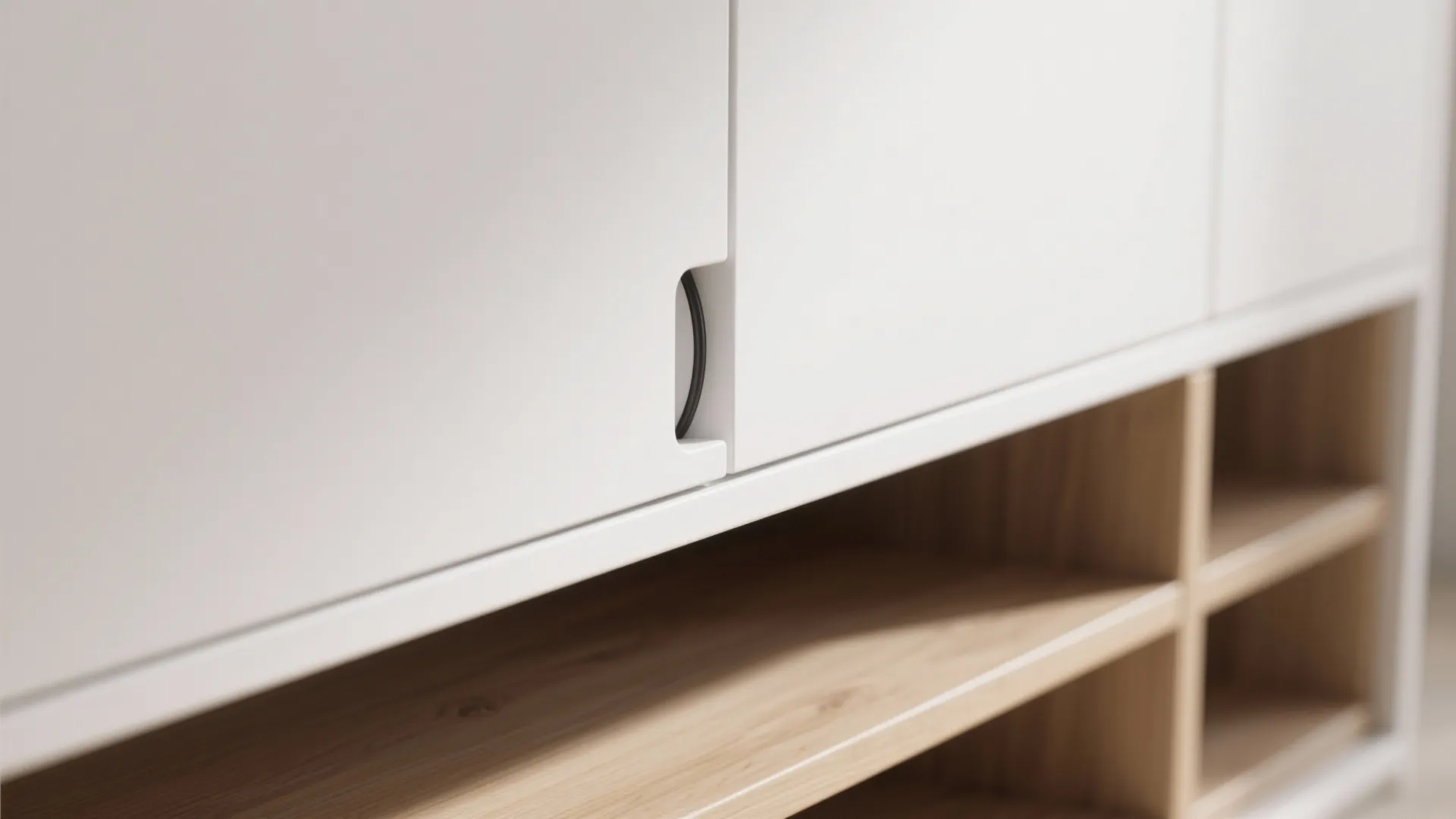 Close up of white cabinet door handle with light wood shelves and minimalist storage design detail