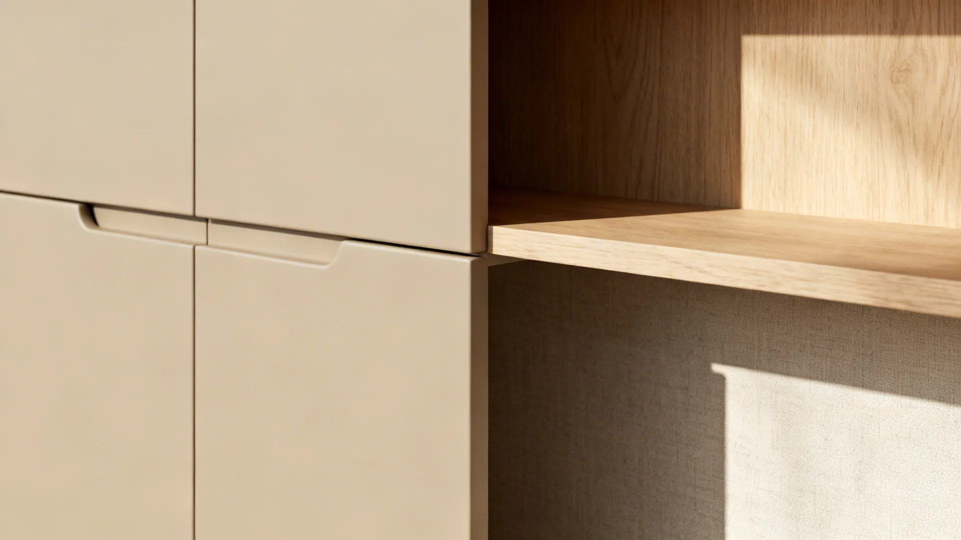 Idea 1: Minimal storage wall with warm neutrals