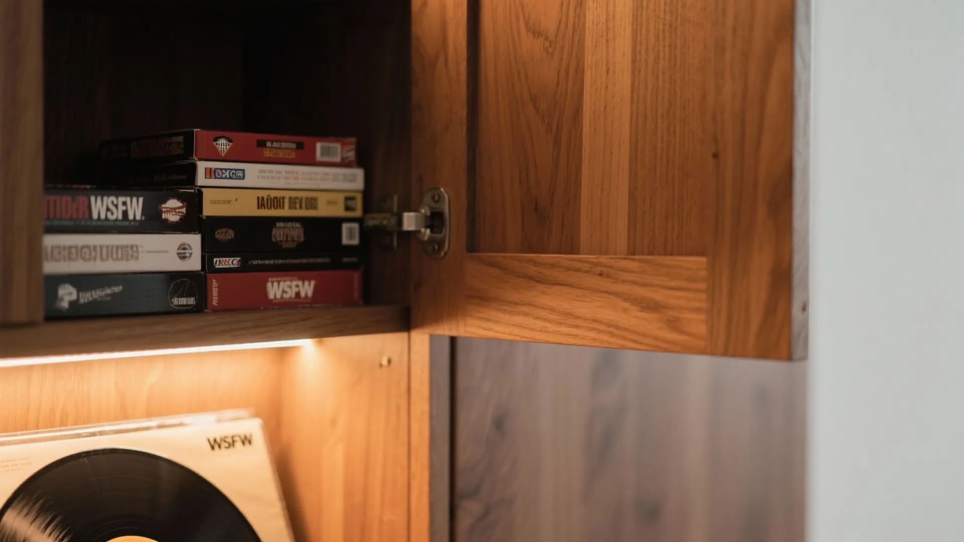 Close up view of wooden cabinet storage with books vinyl record and warm light fixture