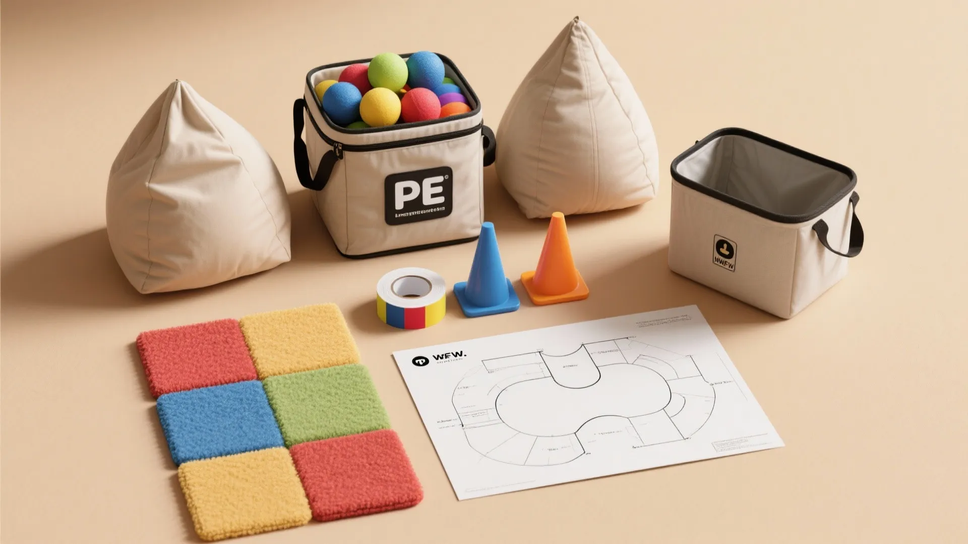Flatlay of a compact PE storage kit with beanbags, foam balls, tape, cones and a sketched flexible layout plan.