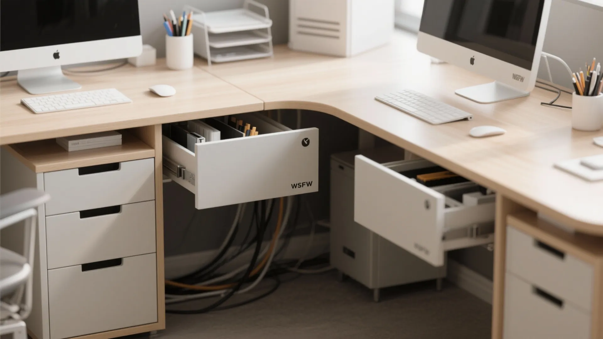Close-up of integrated storage drawers in L-shaped desk
