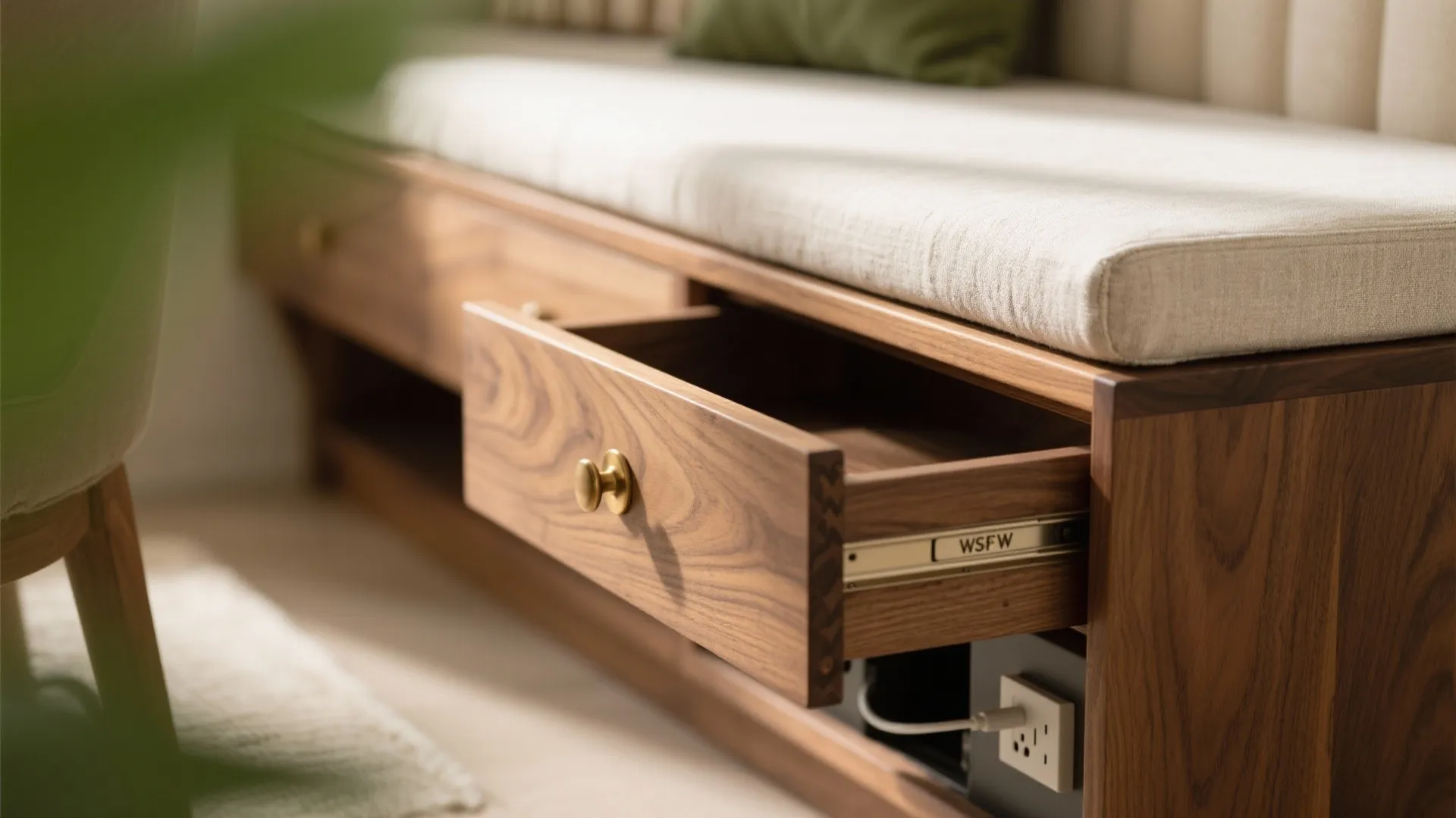 Close up of a wooden storage bench with an open drawer and white seat cushion top