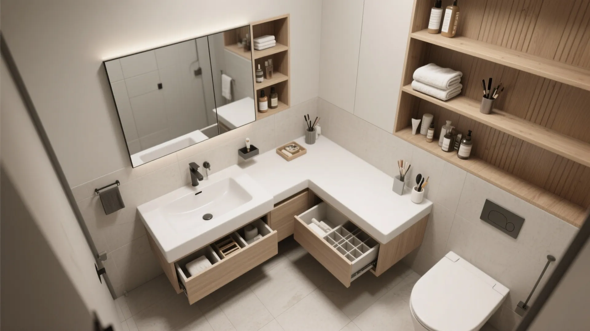 Top-down view of a compact bathroom layout highlighting wall-mounted sink, recessed cabinets and organized drawers.