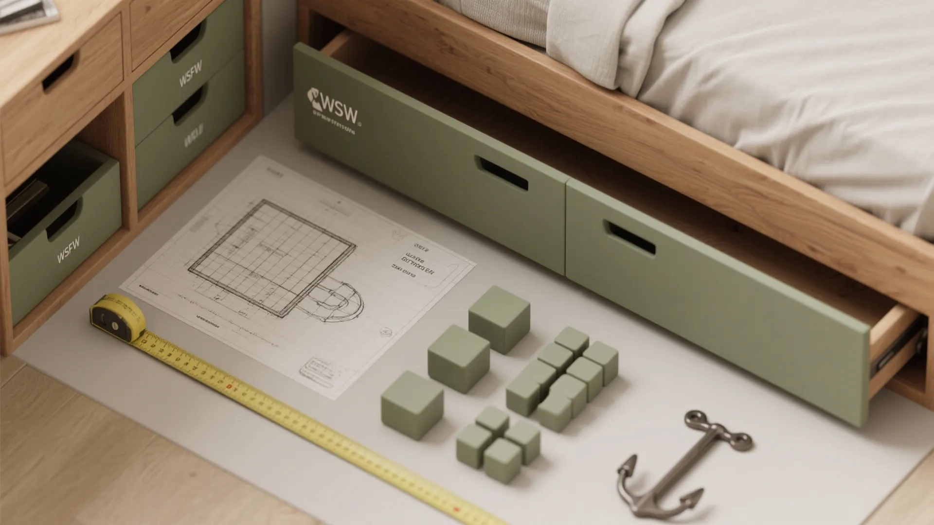 Under bed green storage drawers next to a floor plan drawing with a measuring tape