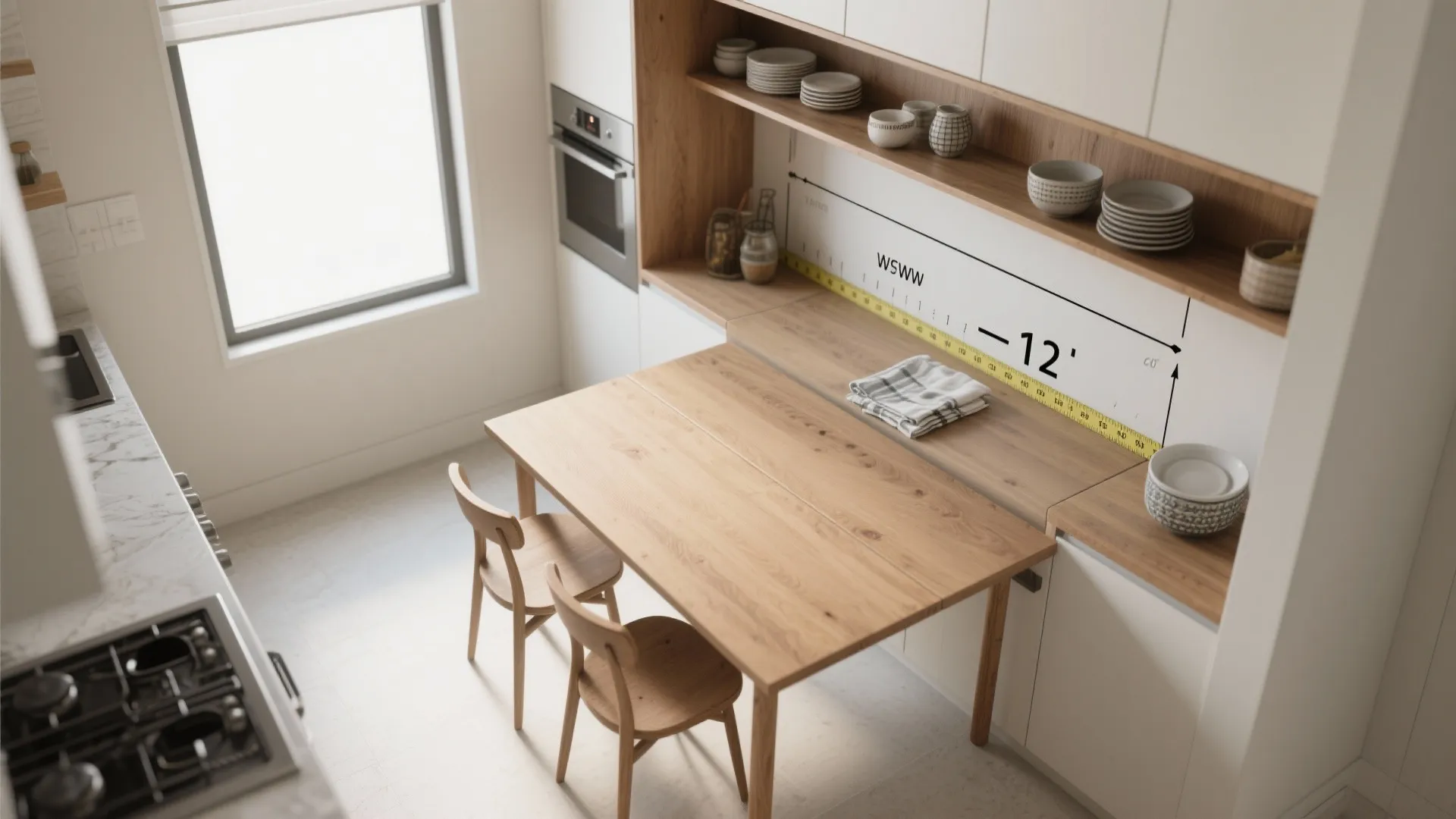 Modern kitchen with wood dining table and chairs showing dimensions with a yellow tape measure