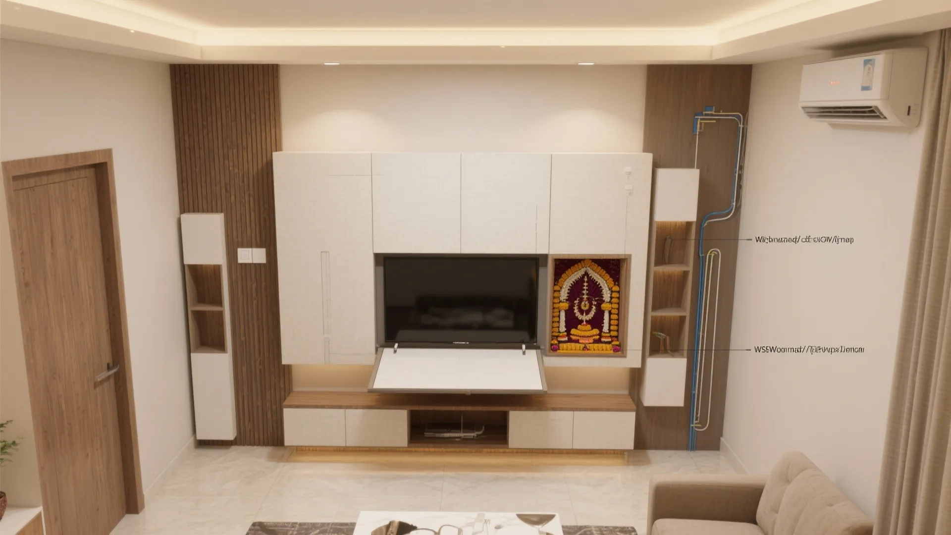 Tall storage wall with integrated shrine and concealed media
