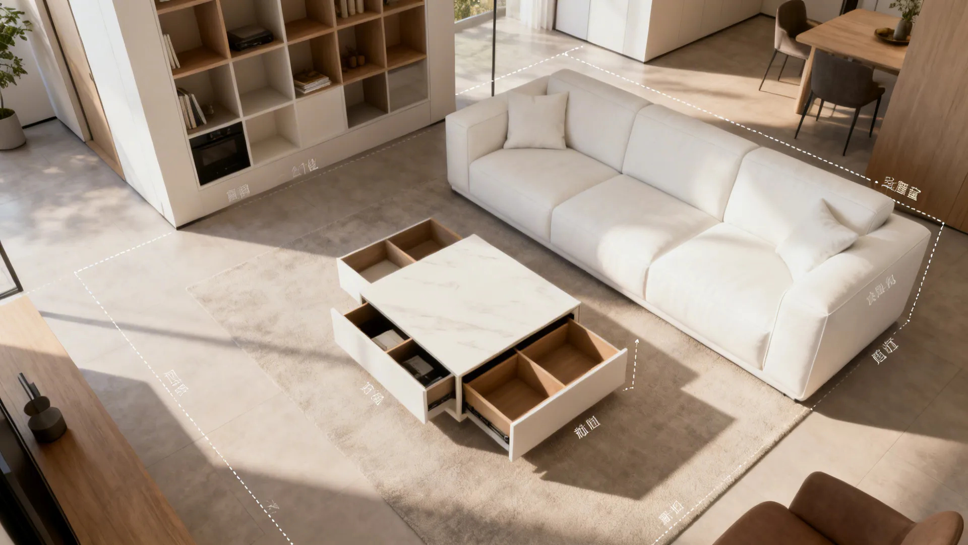 Top-down layout of a small living room with a white sofa and storage coffee table