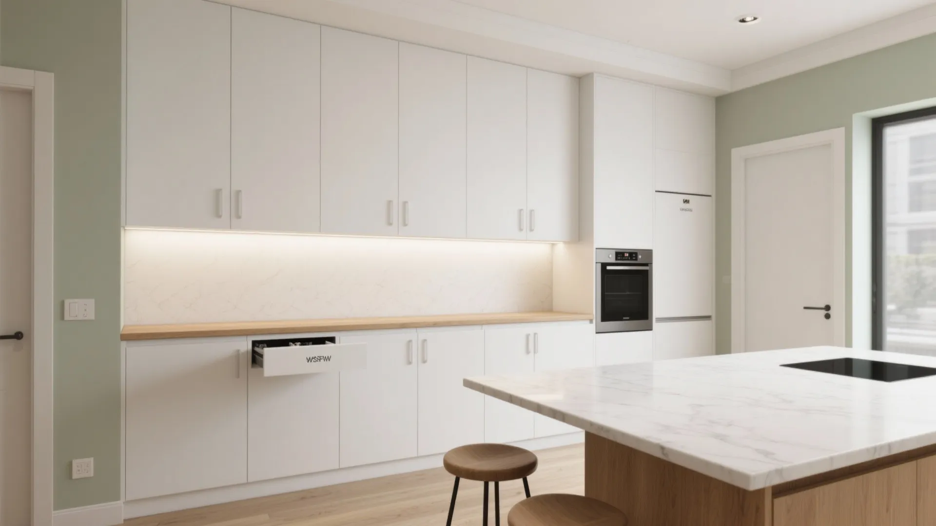 Minimalist storage wall with a dining ledge