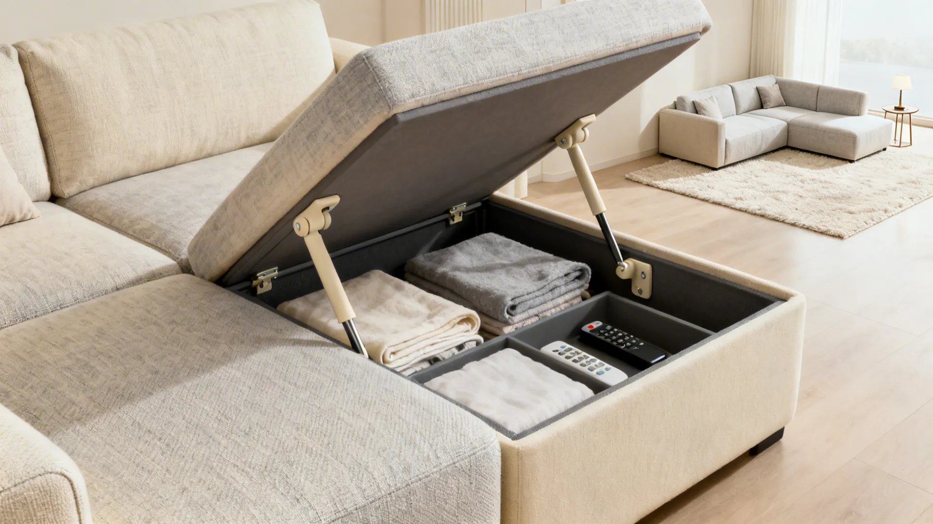 Beige sofa with lifted seat showing storage space containing folded blankets and two remote controls