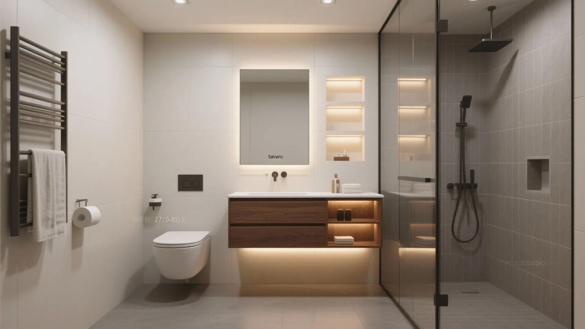 Modern bathroom interior with wood cabinet lit mirror white toilet and glass walk in shower