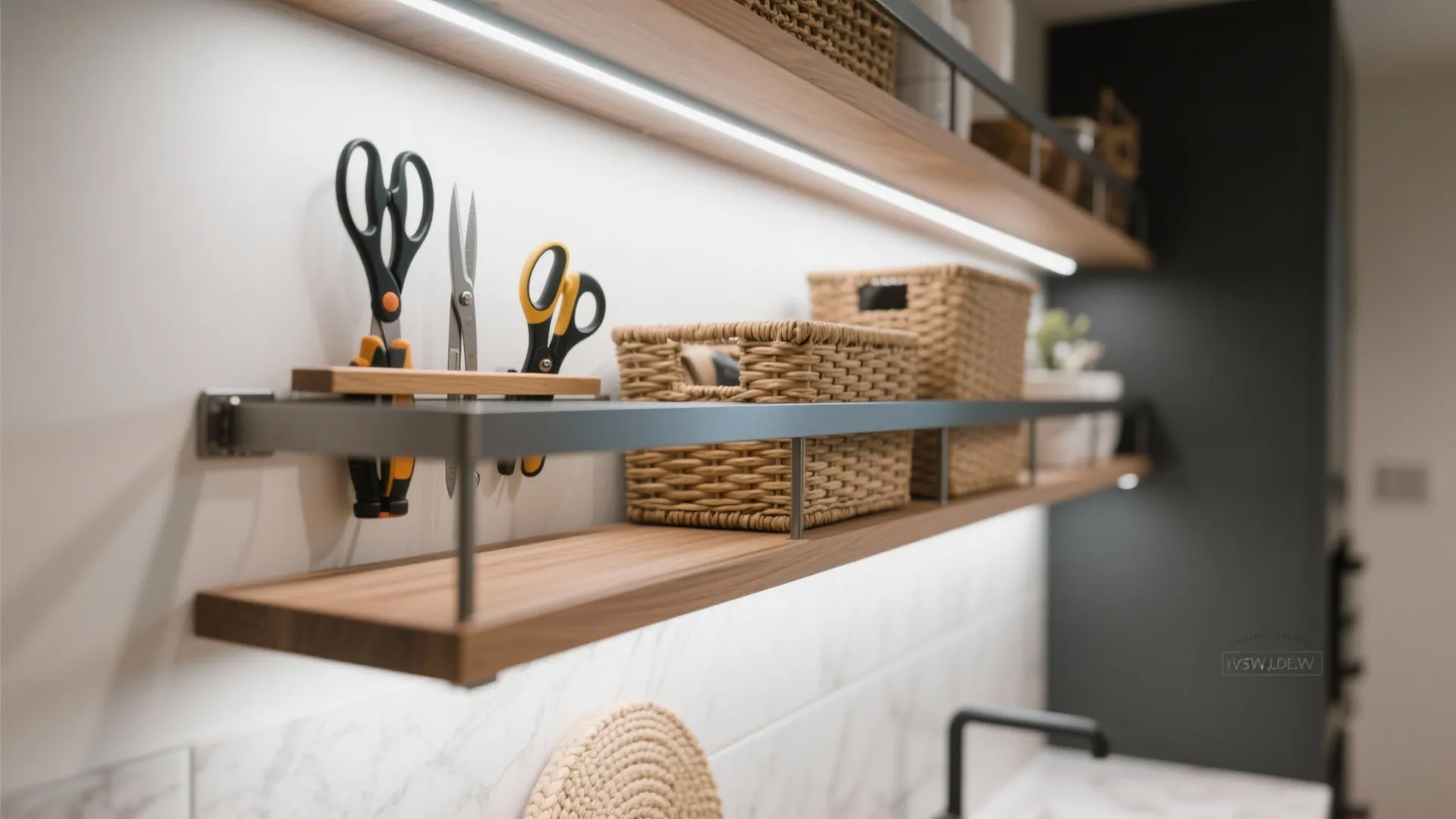 Wooden wall shelves with light fixture showing organized scissors woven baskets and clean white tiles